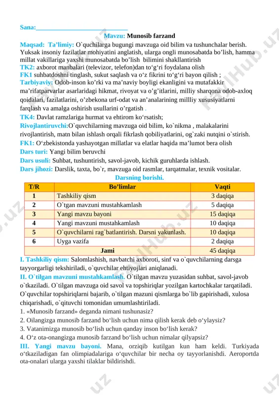 ]– siz vatanimizga munosib farzand bo‘lishingiz kerak, albatta, mg‘alaba bilan qayting, – deya duo qilishdi kattalar. turkiyada o‘tkazilgan olimpiadada ozarbayjon, qozog‘iston, qirg‘iziston, rossiya, turkiya, ukraina va boshqa davlatlardan 500 nafar o‘quvchi ishtirok etdi. tinimsiz mehnat, muntazam darslar, yaqinlarining yordami bilan ular g‘alaba qozonishdi. o‘quvchilar ota-onalari va ustozlarining ishonchini oqlashdi. musobaqada 6 ta oltin, 20 ta kumush va 23 ta bronza medallariqo‘lga kiritildi. umumjamoa hisobida birinchi o‘rin egallandi iv. yangi mavzuni mustahkamlash.o`tilgan mavzu mustahkamlanadi 1. hikoyaga nom qo‘ying. 2. sizga qaysi fan ko‘proq yoqadi? 3. siz qaysi fanlardan bilimdonlar musobaqasida ishtirok etishni xohlar edingiz? 4. bilimdonlar musobaqasida yutuqqa erishish uchun nimalar qilish kerak? 5. ota-ona va ustozlarning ishonchini oqlash uchun qanday harakat qilish kerak? ishonchni oqlash o‘zi nima? 6. sizning imkoniyatlaringiz hammada ham yo‘q. bu imkoniyatlardan qanday foydalana olayotganingizni o‘ylab ko‘ring. v. o`quvchilarni rag`batlantirish. darsni yakunlash. o`quvchilar darsdagi ishtirokiga ko`ra baholanadi. rag`bat kartochkalari orqali baholanadi. guruhlar ham umumiy rag`batlantirilib boriladi. vi. …