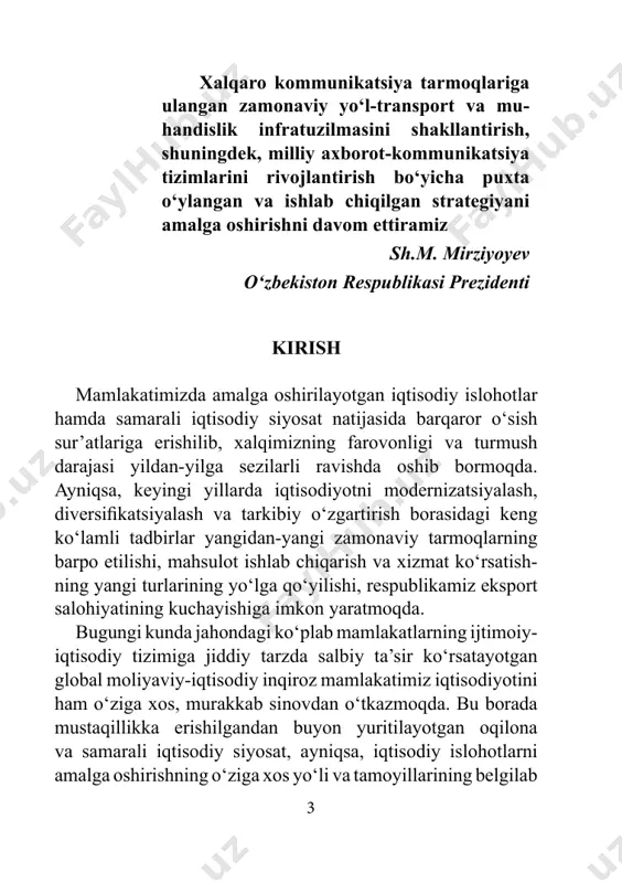 arning talab va ehtiyojlarini to‘liq hisobga olgan holda o‘ziga nisbatan ishonchni mustahkamlash, logistik 1 i.a.karimov “bosh maqsadimiz-mavjud qiyinchiliklarga qaramasdan, olib borilayotgan islohotlarni, iqtisodiyotimizda tarkibiy o‘zgarishlarni izchil davom ettirish, xususiy mulkchilik, kichik biznes va tadbirkorlikka yanada keng yo‘l ochib berish hisosbidan oldinga yurishdir” mavzusidagi ma’ruzasi. 2015-yilda mamlakatimizni ijtimoiy-iqtisodiy rivojlantirish yakunlari va 2016- yilga mo‘ljallangan iqtisodiy dasturning eng muhim ustuvor yo‘nalishlariga bag‘ishlangan vazirlar mahkamasi majlisidagi ma’ruzasi. xalq so‘zi, 16-yanvar 2016-y. 5 bozor tizimida o‘z pozitsiyalarini kuchaytirish, ichki va xalqaro bozorlarda raqobatli kurash olib borish, aniqroq qilib aytganda milliy mentalitetimizni hisobga olgan holda tashqi bozorlarda logistik faoliyat asosida milliy tovar va xizmatlarni iste’molchilarga yetkazish hamda muvaffaqiyatli bo‘lishi davrini uzaytirish bo‘yicha bilimlarni yanada oshirishni talab etadi. buning uchun logistika sohasi bo‘yicha yetarli darajada kadrlarni tayyorlash maqsadida ular uchun kerakli o‘quv hamda uslubiy qo‘llanmalarni yaratish talab etiladi. mamlakatimiz mustaqillikka erishgandan so‘ng, islohot larning o‘ziga xos yo‘li bozor iqtisodiyotiga bosqichma-bosqich o‘tish yo‘lini tanladi. bu jarayon avvalombor …