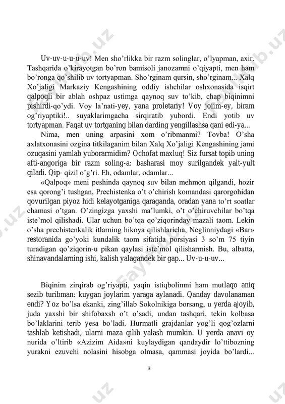 h o’t o’sadi, undan tashqari, tekin kolbasa bo’laklarini terib yesa bo’ladi. hurmatli grajdanlar yog’li qog’ozlarni tashlab ketishadi, ularni maza qilib yalash mumkin. u yerda anavi oy nurida o’ltirib «azizim aida»ni kuylaydigan qandaydir lo’ttibozning yurakni ezuvchi nolasini hisobga olmasa, qammasi joyida bo’lardi... 4 hozir-chi, qayerga ham borasan?.. sizni hech etik bilan orqangizga tepishganmi? tepishgan. qovurg’angizga g’isht bilan tushirishganmi? yetarlicha tushirishgan. hammasiga chidaganman. allaqachon taqdirga ham tan berganman. agar hozir yig’layotgan bo’lsam, faqatgina jonim og’riganidan, sovuqdan yig’layapman, lekin ruhim hali tetik. itlarning ruhiyati barqaror bo’ladi. mana, butun tanamning sog’ joyi qolmagan, yara-chaqa, hammasi mehribon odamlarning sharofati. lekin asosiysi qaynoq suv bilan pishirishganidan keyin yuz berdi: biqinimning junlari to’kilib, shir yalang’och bo’lib qoldim. endi o’pkamni shamollatib qo’yishim ham hech gapmas, undan ham oldin, qadrli grajdanlar, ochimdan o’laman. o’pkasi shamollagan it zinapoya tagidagi qalin qilib to’shalgan burchakda jim yotishi kerak. xo’sh, u holda menday bo’ydoq va oshqozoni pakillab yotgan kuchuk o’rniga kim qorin to’yg’azish …