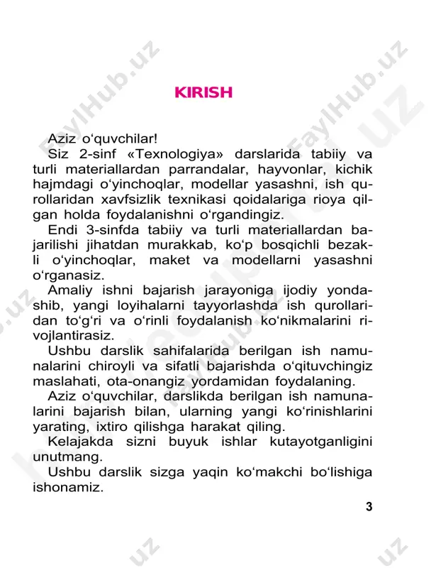 ari. http ://e duporta l.u z 16 1-nazorat ishi barglardan jonivorlar shaklini yasash http ://e duporta l.u z 17 1 2 3 4 5 6 7 8 9 «ertak qahramonlari»ni applikatsiya usulida yasash har bir bosqichni ketma-ketlikda, to‘g‘ri baja- ring. 2 – texnologiya, 3-sinf http ://e duporta l.u z 18 10 12 14 11 13 o‘zingiz sevgan ertak qahramonini applika tsiya usulida tayyorlashga harakat qiling. 15 http ://e duporta l.u z 19 1 2 43 qog‘ozdan tipratikan shaklini mustaqil yasab ko‘ring. mustaqil ish namunalari. http ://e duporta l.u z 20 parranda shakli qanday geometrik shakllar- dan tashkil topgan? 5 6http ://e duporta l.u z 21 pape-mashe usulida piyola tayyorlash va bezash piyola sirtiga vazelin yoki moy sur- ting. qog‘ozni mayda bo‘laklarga bo‘ling. piyolaning birinchi qavatiga qog‘oz bo‘laklarini suvga botirib, piyola yuzasiga tekis qilib yopishtiring. ikkinchi qavatiga qog‘oz bo‘laklarini yelim yorda- mida yopishtirib chiqing. 1 2 3 http ://e duporta l.u …