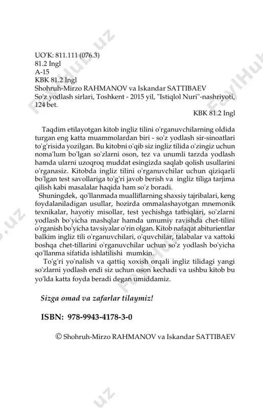 gliz tilini o'rganayotgan kishi uchun nechta so'zni yoddan bilish kerakligini ham aytib o'tish lozim. ma'lumotlarga ko'ra, qaysi tilda bo'lishidan qat'i nazar, kundalik muloqot uchun 1200-2000 ta so'zni bilish talab qilinadi. demak, ingliz tilida ham muloqot qilish uchun shuncha so'zni bilish kifoya bo'ladi. pedagogik tajribamizdan kelib chiqib shuni aytishimiz mumkinki, o'zbekiston respublikasidagi oliy o'quv yurtlariga kirish imtihonlarini topshirish jarayonida ingliz tili fanidan test savollarini muvaffaqiyatli yechish uchun 4500-5000 ta so'z bilish talab qilinadi. 5 xorij oliygohlariga kirish uchun topshiriladigan ielts imtihonida yuqori ball olishni xohlagan o'quvchi kamida 7000 ta so'zni mukammal bilishi kerak. ingliz tilida faoliyat ko'rsatuvchi olimlar, yozuvchilar va shoirlar 12 000-15 000 ta so'zdan foydalana olishlari aniqlangan. shunisi aniqki, ingliz tilini qaysi maqsadda va qancha muddat davomida o'rganishingizdan qat'iy nazar, siz albatta bir necha ming so'zni mustahkam o'zlashtirishingiz shart. bu esa o'z-o'zidan bo'lavermaydi. hech o'ylab ko'rganmisiz, nima uchun chet tilini o'rganayotgan o'quvchilar ko'pincha so'z yodlashni qiyin va zerikarli ish …