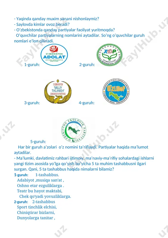 o’ng o’quvchilar “qorparcha”ertagini rollarga bo’linib sahna ko’rinish namoyish qilib berishadi. [image: ]qorparcha yoz faslini ko`rishni orzu qilardi. u avvallari daryoda yoz degan fasl borligini bilmasdi. har ishda o`ynab – kulib, yayrab – sakrab yog`ardi. har bahorda bug`lanib, osmonga qaytar, ba`zan havo sovuq kelsa, kuzni ham ko`rib qolardi. bir qish u o`ynab tushib, daraxt shoxiga qo`ndi. sovqotib turgan daraxtga uning tashrifi yoqmadi, qovog`ini uydi. qorparcha hayron bo`libdi: -nega xafa bo`lasan? axir seni bezatish uchun keldim-ku! qara, qanday chiroyli bo`lib qolding! -shuyam chiroyli bo`ptimi? – tumtaydi daraxt. – sovuqdan hamma yog`im uvushib ketyapti. sen meni yozdda ko`rganingda!... - yoz deganing nima u? – qiziqdi qorparcha. - yoz – bu… nur fasl. ona yer quyosh nuriga cho`milady. gullar ochiladi, rang – barang kapalaklar ularga qo`nib o`ynaydi. laylaklar janubdan qaytib, shoxlarimga in quradi. tuxumidan palaponlar chiqadi. eh, ularni bir ko`rganingda! qorparcha o`sha yili yerda qolib, yozni ko`rmoqchi edi. biroq u quyosh chiqishi bilan erib, …