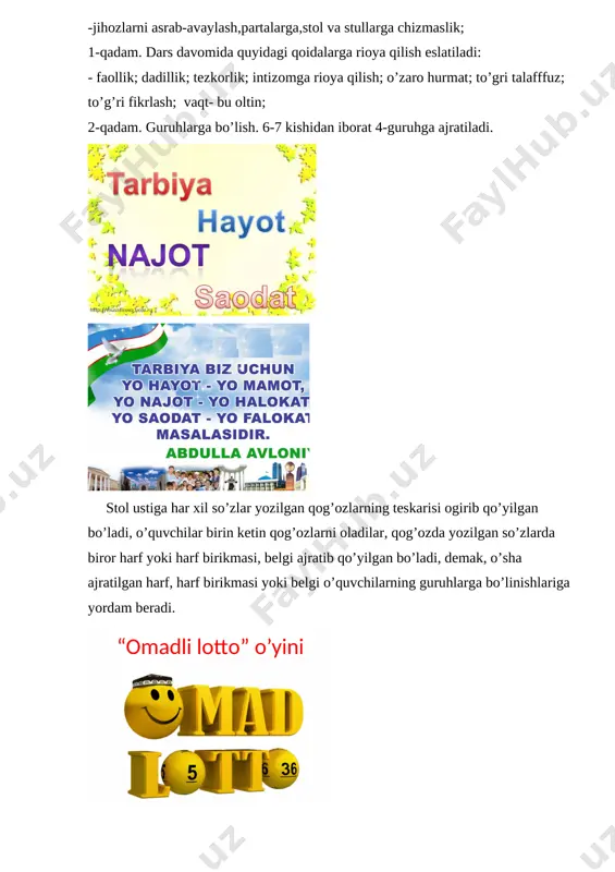 ol-cha, tong; guruhlarning ishi 5 ballik sistemada baholanadi va bu ballar jadvalga qo’yib boriladi. dam olish daqiqasi yozdik,yozdik charchadik ruchka qo’yib dam oldik bir,ikki uch to’rt yana yoza boshladik [image: image1.emf]2- topshiriq. boshqotirmaga 5 daqiqa vaqt ajratiladi (hamma guruhlarga ham shu chizmadagi boshqotirma beriladi). 1. o'zbekistonning poytaxti. (toshkent) 2. tabiat hodisasi bo'yicha. (shamol) 3. erta bahorguli. (chuchmoma) 4. subhidam. (tong) 5. uy-ro‘zg‘orbuyumi. (chelak) “sirli sharcha” 3 ballik sistemada baholanadi. topshiriq:berilgan so’zni harf-tovush tomonidan tahlil qilish. 1-guruh: binafsha 2-guruh: chinnigul 3-guruh: boychechak topishmoqni toping-topqirlikda o’zing. 1-guruhga:qat-qat qatlama,aqling bo’lsa tashlama. 2-guruhga:qo’lsiz,oyoqsiz eshik ochar. 3-guruhga:kessa kesilmas,chopsa chopilmas. topshiriq tugagandan so’ng guruhlar bir-birlariga interfaol darsidagi ishtiroki haqida o’z fikrlarini aytadilar. jadvaldagi ballar jamlanib, eng yuqori ball to’plagan guruh g’olib deb topiladi. vazifa: 46-mashq image1.png “omadli lotto” o’yini image1.jpeg “inoq egizaklar” ma…ina,ru..ka, ta..lay,o’chirg’i…, o..paz,ro’mol…a tarbiya hayot najot saodat image1.jpeg