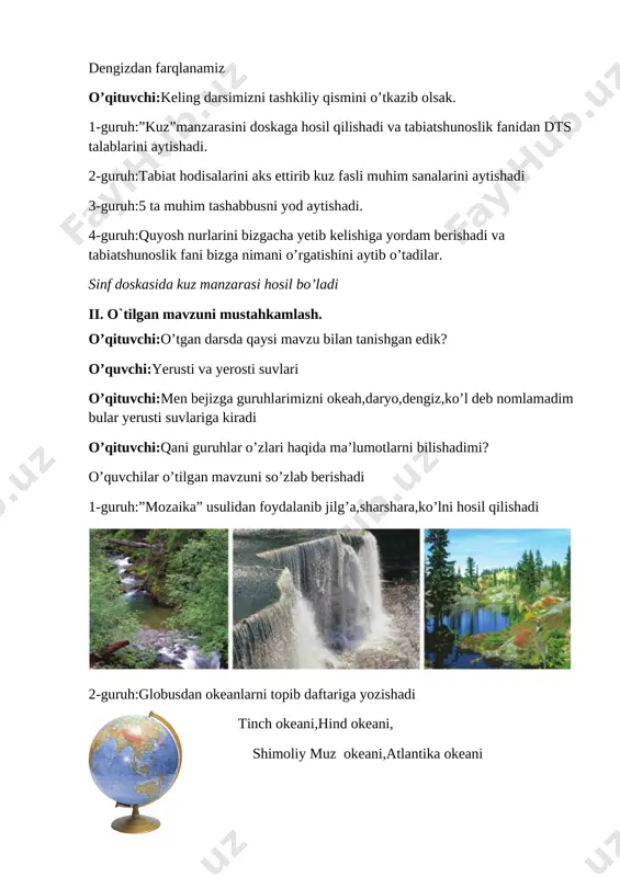 yomg‘ir yog‘maydi. bunday joylarda o‘simliklar deyarli o‘smaydi. ayrim joylarda o‘sadigan o‘simliklar juda uzun ildizlari orqali yer ostidagi suvdan ichadi. o‘lkamizdagi qizilqum cho‘lining ayrim joylarida bahorgi yomg‘ir suvidan so‘ng qumlar orasidan o‘tlar o‘sib chiqadi. bu o‘tlar jazirama yozda qurib qoladi.shuning uchun cho‘lda yoz oylarida o‘simliklar kam o‘sadi. odamlar va hayvonlar suvsiz yashay olmaydi. shu bois, aytish mumkinki, yer yuzida suvsiz hayot bo‘lmaydi. suvning xususiyatlari xavfsizlik qoidalariga rioya qilgan holda quyidagi tajribalarni o‘tkazing. 1-tajriba. kolba olib, uni suv bilan to‘ldiring. uning og‘ziga shisha nay o‘rnating. kolbadagi suvni quruq yoqilg‘i yordamida asta-sekin isiting. bunda kolbadagi suv isigan sari nay ichidagi suv yuqoriga ko‘tarila boradi (11-rasm). demak, suv isiganda kengayadi. shuning uchun choygumga to‘ldirib quyilgan suv isiganda kengayadi va toshadi (12-rasm). 2-tajriba. suv to‘ldirilgan kolba og‘ziga shisha nay o‘rnating. suv nayni to‘ldirib tursin. avvaldan muzlatkichga qo‘yilgan ho‘l lattani olib, kolbani o‘rang. bunda kolba soviydi. kolba sovigan sari naydagi suv pasaya boradi (13-rasm). demak, suv …