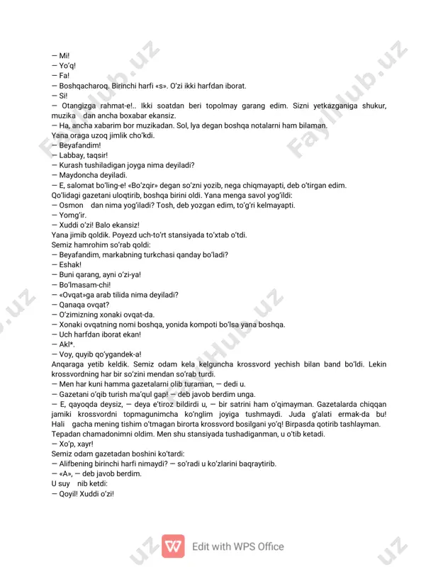 lini qaytarib so‘radim. — shundoq. — doktordan. u gazeta betiga nimanidir yozdi-da, keyin dedi: — to‘g‘ri kelmas ekan! — bemor kasalxonadan qo‘rqadi. qaytadan gazetaga bir nima yozgach, to‘ng‘illadi: — bu ham emas! — doktorga beradigan pulidan! — yo‘q. birinchi harfi «o», ikkinchisi «p» bo‘lishi kerak. hammasi bo‘lib sakkizta harf. — operatsiya! — xuddi o‘zi! u yana gazetaga sho‘ng‘ib ketdi. allavaqtgacha ikkimizdan ham sado chiqmadi. keyin yana o‘zi gap boshladi: — kechirasiz, beyafandim, sizni yana bezovta qilyapman. — zarari yo‘q. — biror mamlakatda aholi ko‘paysa, nima oshishi kerak? — deputatlar soni. — yo‘q, — deb ming‘illadi u. — qamoqxona! yana ruchkasi bilan nimanidir yozib ko‘rdi. — to‘g‘ri kelmayapti! — chayqovchilar! — ikkinchi harfi «s», oxirgisi «l». — iste’mol. — hm! to‘g‘ri! yana anchagacha jim ketdik. bir payt to‘satdan uning ovozi chiqib qoldi: — assalomu alaykum. men ham alik oldim: — va alaykum assalom! — to‘g‘ri, to‘g‘ri! — deb yubordi u. — …
