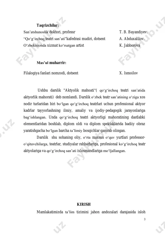 ublikadagi yetakchi pedagog-mutaxassislardan biri sifatida institut o‘quv teatri sahnasida diqqatga sazovor ishlarni amalga oshirdi. n.markelovning “mening otam sher”, isfandiyorning “avaz botir va malika guli”, a.qobulovniyag “sehrli kiyik”, a.zayniddinovning “oqil va uch bahil”, i.sodiqovning “afandining besh xotini”, m.ashurovaning “xo‘ja nasridin va sayoh aktyorlar”, olmos botir” kabi qator asarlar asosida sahnalashtirilgan diplom spektakllari shular jumlasidandir. m.ashurova izlanuvchan, serqirra ijodkor. u nafaqat qo‘g‘irchoq teatrining amaliyoti, balki bu san’at turining nazariyoti bilan ham faol shug‘ullanadi, o‘zi va kafedra a’zolarining ko‘p yillik ish tajribalarini umumlashtirib, o‘quv jarayonida foydalanilayotgan darlik va uslubiy qo‘llanmalar yaratgan tadqiqotchi ijodkor hamdir. hozirda ushbu darslik muallifi maryam ashurovaning say-harakatlari bilan qo‘g‘irchoq teatri aktyorlari va rejissyorlarini tarbiyalash borasida mazkur kafedrada barakali ijod qilgan taniqli rejissyor-pedagoglardan o‘zbekistonda xizmat ko‘rsatgan artist v.s.iogelsen, o‘zbekistonda xizmat ko‘rsatgan san’at arbobi i.yoqubov, qozog‘iston xalq artisti b.parmonov, o‘zbekistonda xizmat ko‘rsatgan madaniyat xodimi sh.xayitboyev, o‘zbekistonda xizmat ko‘rsatgan artist f.xo‘jayev va boshqalarning bu sohadagi ko‘p yillik tajribalari, ijodiy izlanishlarini umumlashtirib, 6 …