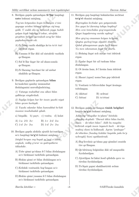 bat bo‘lish insonni mushohadali qiladi. a) birgalik; b) payt; c) vosita; d) holat a) 1-a 2-b 3-c b) 1-c 2-d 3-a c) 1-d 2-c 3-a d) 1-d 2-c 3-a 10. berilgan gapda alohida ajratib ko‘rsatilgan so‘z haqidagi to‘g‘ri hukmni aniqlang. istiqlol bergan eng buyuk ne’mat o‘zlikni anglash, milliy g‘urur va qadriyatlarni tiklashdir. a) tobe qismi qo‘shma fe’l bilan ifodalangan so‘z birikmasi tarkibida qatnashgan. b) hokim qismi ot bilan ifodalangan so‘z birikmasi tarkibida qatnashgan. c) kelishik vositasida bog‘langan so‘z birikmasi tarkibida qatnashgan. d) hokim qismi yasama fe’l bilan ifodalangan so‘z birikmasi tarkibida qatnashgan. 11. berilgan gap haqidagi hukmlardan nechtasi to‘g‘ri ekanini aniqlang. hajringdan kechalar qon yutganimda sen qaysi ko‘zlarning tubiga boqding? men seni tomchidan qizg‘onganimda qaysi loyqalarning suvida oqding? men qirg‘oq emasman ketgan to‘lqinni qaytsa quchog‘imga olgudek shartta. qabul qilmaganman qayta hech kimni va men ishonaman faqat bir marta. 1) holning faqat uch ma’no turi ishtirok etgan. 2) egalar faqat bir …