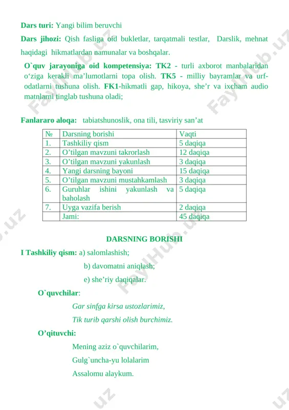 atonda yaproq bo’lgin dehqonlarga suyagani tayoq bo’lgin cho’ponlarga. aytgil, do’stim, nima qildik vatan uchun?! 5-o’quvchi:qachongacha qorning o’ylab o’tadirsan, qachongacha ko’kdan chalpak kutadirsan, axir vatan bitta sen ham bittadirsan, aytgil, do’stim, nima qildik vatan uchun?! 6-o’quvchi:hech kimdan kam emassan kam bo’lmagaysan, yerda qolsang oftob bo’lib kulmagaysan. qachon belni mahkam tortib bog’lagaysan, aytgil, do’stim, nima qildik vatan uchun?! hamma:shu soylarda suvlar urgin yuzingga sen, bir bor nazar solgin bosgan izingga sen. shu savolni berib ko’rgin o’zingga sen, aytgil, do’stim, nima qildik vatan uchun?! o’qituvchi: yurt chorlasa birlashing, aylaning bir tan-jonga. xudoga sig'ingandek, sig'ining shu vatanga. ushbu hikmat damo- dam, jaranglasin sadodek, bu dunyoda vatan ham bitta bo'lar xudodek. har bir guruhlar bilan “yaxshi tilak” mashqini o’tkazamiz . bunda guruh a’zolari keyingi guruhga o’z ezgu tilaklarini tilaydilar. masalan: 1-guruh: biz guruhimiz a’zolari bilan keyingi guruhlarga yaxshi kayfiyat, omad va baxt tilaymiz. 2-guruh: biz guruhimiz bilan sizlarga baxt va porloq hayot tilaymiz 1- guruh: …