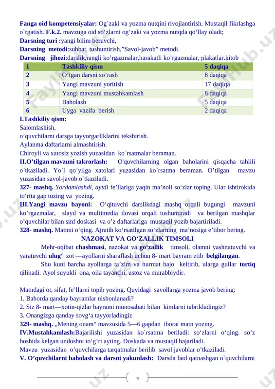 yoki egaga tarbiyaviy maqsad:mustaqil vatanimizning har bir muvaffaqiyati, istiqlol yo'lida qilinayotgan ishlari bilan faxrlanish va vatanga mehr hissiyotini uyg'otish, har qanday tajovuzkor kimsalardan nafratlanish; t.k5. san’at turlarini bilish va ularni bir-biridan farqlay olish;. o'zbek xalqining milliy urf-odat, an'ana va qadriyatlarini amalda qo'llash malakalarini shakllantirish. tk.3. kattalarga, kichiklarga va o‘rtoqlariga yordam berish. rivojlantiruvchi maqsad: so`zlarni tog`ri yozish malakalarini rivojlantirish fanga oid kompetensiyalar: og`zaki va yozma nutqini rivojlantirish. mustaqil fikrlashga o`rgatish. f.k.2. mavzuga oid so‘zlarni og‘zaki va yozma nutqda qo‘llay oladi; darsning turi :yangi bilim beruvchi, darsning metodi:suhbat, tushuntirish,”savol-javob” metodi. darsning jihozi:darslik,rangli ko’rgazmalar,harakatli ko’rgazmalar, plakatlar.kitob 1 tashkiliy qism 5 daqiqa 2 o’tgan darsni so’rash 8 daqiqa 3 yangi mavzuni yoritish 17 daqiqa 4 yangi mavzuni mustahkamlash 8 daqiqa 5 baholash 5 daqiqa 6 uyga vazifa berish 2 daqiqa i.tashkiliy qism: salomlashish, o’quvchilarni darsga tayyorgarliklarini tekshirish. aylanma daftarlarni almashtirish. chiroyli va xatosiz yozish yuzasidan ko`rsatmalar beraman. ii.o’tilgan mavzuni takrorlash: o'quvchilarning olgan baholarini qisqacha …