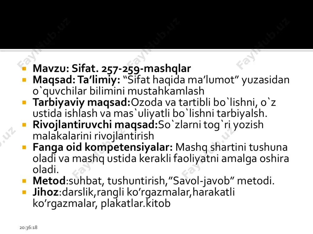 ’tkir 5. shirin 6. sovuq 7. yumshoq 2-guruh: 1. yengil 2. achchiq 3. qora 4. quyuq 5. qaynoq 6. past 7. keskir 20:36:18 20:36:18 mevalar sabzavotlar 20:36:18 otlashgan sifat qatnashgan gaplarni toping. 1. senga o’xshash bilmasvoy bolalarga ketgan vaqtimga achinaman. 2. yaxshining yaxshiligi tegar har yerda, yomonning yomonligi tegar tor yerda. 3. achchiqni achchiq kesar. 4. avtomashina uzoqni yaqin qiladi. 5. ko’pni ko’rgan otaxonlardan so’rash kerak. 6. donoga ishorat, nodonga kaltak. 7. og’ir ko’tarma, bolam. 20:36:18 20:36:18 “tansiq” va “tanqis” sifatlarini shakl va ma’no munosabatiga ko’ra izohlang. +10 omadli tanlov 20:36:18 gapdagi sifatlar miqdorini aniqlang. navoiy nafaqat shoir, balki yuksak insoniylik xususiyatlariga ega bo’lgan davlat arbobi; saxiy, muhtojlar yordamiga shoshadigan, shu bilan birga g’oyat kamtar shaxs edi. +10 omadli tanlov 20:36:18 +5 omadli tanlov sifat gapda qanday vazifalarni bajaradi? 20:36:1820:36:18 0 omadli tanlov quyidagi qoliplar asosida so’z birikmasi tuzing. bitishuv boshqaruv moslashuv 20:36:18 0 quyidagi gapda sifat so’z turkumiga mansub …