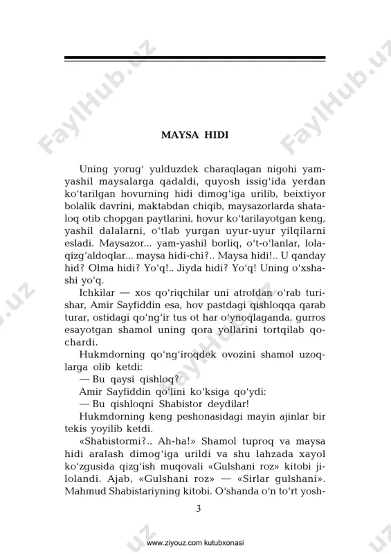ash’orlaridan o‘qisak bo‘lar?! — bir qishloqi shoirning ash’orlarini ulug‘ amir pi- sand etarmikan? hukmdorning o‘tovidan ancha olisda, ikki baland adir o‘rtasidagi dov-daraxtli bog‘da doshqozonlarda ovqatlar biqirlab qaynab turar, nozik qo‘llariga oppoq bejirim qo‘lqop kiygan sholg‘om yonoqli oshpazlarning qo‘li-qo‘liga tegmaydi. pishirgan ovqatlari hukmdorga yoqsa, boshlari osmonga yetadi. hozirgina buyruq bo‘ldiki, qishloq oqsoqollari uchun shohona ovqatlar hozirlasinlar. òuron oshpazlarining dovrug‘i yetti iqlimda mashhur. ikkita qishloq oqsoqoli uchun ikki kosa shirin ovqat tayyorlash xamirdan qil sug‘urgandek oson ish! yon-atrofdan: — kelinglar! — degan hayajonli ovoz eshitildi. yoshi anchaga borgan, ko‘rinishidan biroz sipo, qor- dek oppoq soqolli, kulcha yuzi silliq, tirsak qosh qariya ularga yaqinlashib, avval so‘rashdi, so‘ng hukmdorning huzuriga kirish, salomlashish odobi, u bilan qanday hol-ahvol so‘rashish, qayerda, qanday o‘tirishni birma- bir tushuntirdi. qariyalar xomush tortishdi. birortalari ham bironta podsho huzurida bo‘lmagan. ularni biroz hayajon ham bosdi. omonat oq chodir ko‘zlariga ulkan tog‘dek salobatli ko‘rindi. ichkari kirishib, o‘ng qo‘llarini chap qo‘llariga bosib, o‘ng …