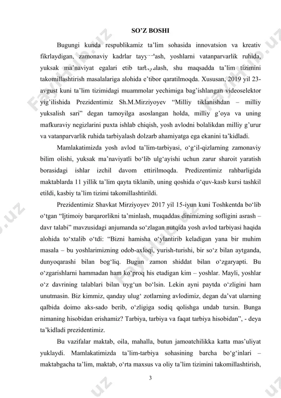 ya va uning mafkuraviy negizlarini puxta ishlab chiqish, yosh avlodni bolalikdan milliy g’urur va vatanparvarlik ruhida tarbiyalash dolzarb ahamiyatga ega ekanini ta’kidladi. mamlakatimizda yosh avlod ta’lim-tarbiyasi, o‘g‘il-qizlarning zamonaviy bilim olishi, yuksak ma’naviyatli bo‘lib ulg‘ayishi uchun zarur sharoit yaratish borasidagi ishlar izchil davom ettirilmoqda. predizentimiz rahbarligida maktablarda 11 yillik ta’lim qayta tiklanib, uning qoshida o‘quv-kasb kursi tashkil etildi, kasbiy ta’lim tizimi takomillashtirildi. prezidentimiz shavkat mirziyoyev 2017 yil 15-iyun kuni toshkentda bo‘lib o‘tgan “ijtimoiy barqarorlikni ta’minlash, muqaddas dinimizning sofligini asrash – davr talabi” mavzusidagi anjumanda so‘zlagan nutqida yosh avlod tarbiyasi haqida alohida to‘xtalib o‘tdi: “bizni hamisha o‘ylantirib keladigan yana bir muhim masala – bu yoshlarimizning odob-axloqi, yurish-turishi, bir so‘z bilan aytganda, dunyoqarashi bilan bog‘liq. bugun zamon shiddat bilan o‘zgaryapti. bu o‘zgarishlarni hammadan ham ko‘proq his etadigan kim – yoshlar. mayli, yoshlar o‘z davrining talablari bilan uyg‘un bo‘lsin. lekin ayni paytda o‘zligini ham unutmasin. biz kimmiz, qanday ulug‘ zotlarning avlodimiz, degan da’vat ularning …