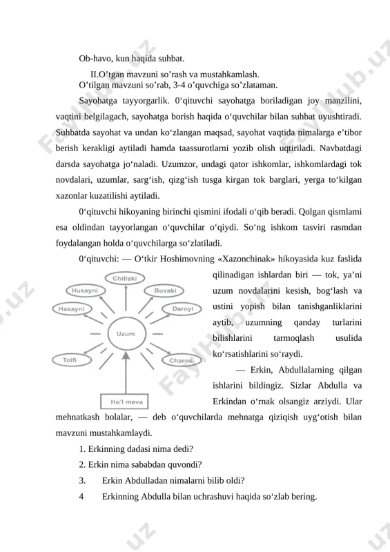 gan ishlarni moslash lozim bo‘ladi. «kim tez topadi?» o‘yini [image: ] [image: ] mashq natijasi tahlil qilinadi. iii.yangi mavzu bayoni. qo‘shterak abdusodiq irisov boqi g‘azalkentda turadi. g‘azalkent bilan toshkent orasida chiroyli baland bir tepalik bor. tepalikning havosi toza va g‘ir-g‘ir shabada esar edi. chunki uning etagida suv oqardi. bir kuni yo‘lovchi bir chol: - shu yerga bir tup daraxt ekilganida juda antiqa joy bolar ekan-da! - deb qoldi. boshqa odamlar ham unga qo‘shilib: „ha, soz bo‘lardi“, deyishdi. kuz keldi. boqi o‘sha cholning gapini eslab qoldi. ikki tup terak niholini olib, tepalikka borib, olqazib keldi. lekin buni hech kirn ko‘rmadi. teraklar tezda qad ko‘tardi. oradan uch-to‘rt yil o‘tgach, bu tepalik „qo‘sh-terak“ deb yuritiladigan boldi. bir kuni boqi shahardan qaytayotib, qo’shterakda dam oldi. shunda bir chol yonboshlab o‘tirib: „zap terak bo‘libdi-da, ekkanning otasiga rahmat. bir kishi ekkandan ming kishi bahra olar ekan. kim ekkan bolsa ham, umri boqiy bo‘lsin“, dedi. boqining qulog‘igacha …
