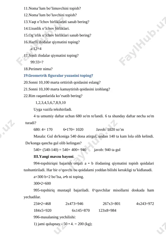 mustahkamlash: zanjir hamda klaster usulidan foydalanib, 2 ta guruhga topshiriq beriladi. 4-shart: sardorlar bellashuvi. 1. matematik topishmoqlar: 1-gr. sardoriga: sharlarim bor rang-barang, biri biridan tarang. singillarimga bersam, xursand bo’lishdi biram. karimada 6 ta, vazirada 3 ta ko’p, xatosiz jami sharni sen tezda hisoblab top. 2-gr. sardoriga: katta sexda tikuvchi palto, plash tikadi. har biriga beshtadan bir xil tugma qadadi o’n palto, to’rt plashga nechta tugma ketadi? 2.tezkor savol-javob: 1-gr. 1)3 yil necha oy? 2)7 hafta necha kun? 3)burchak turlari? 4)4 asr necha yil? 5)4 sutka necha kun? 2-gr 1)5 yil necha oy? 2)5 hafta necha kun? 3)uchburchak turlari? 4)7 asr necha yil? 5)3 sutka necha kun? 3.sonli maqollarni davom ettiring: 1-gr.sardoriga. 1)bir yil tut ekkan kishi … 2)yetti o’lchab, … 3)bilagi zo’r birni yiqar, bilimi zo’r … 4)oltovlon ola bo’lsa, og’zidagin… 5)bir kun tuz ichgan joyingga… 2-gr.sardoriga. 1)bir kattaning, gapiga kir, … 2)birniki – mingga, mingniki … 3)bir ko’rgan tanish, …