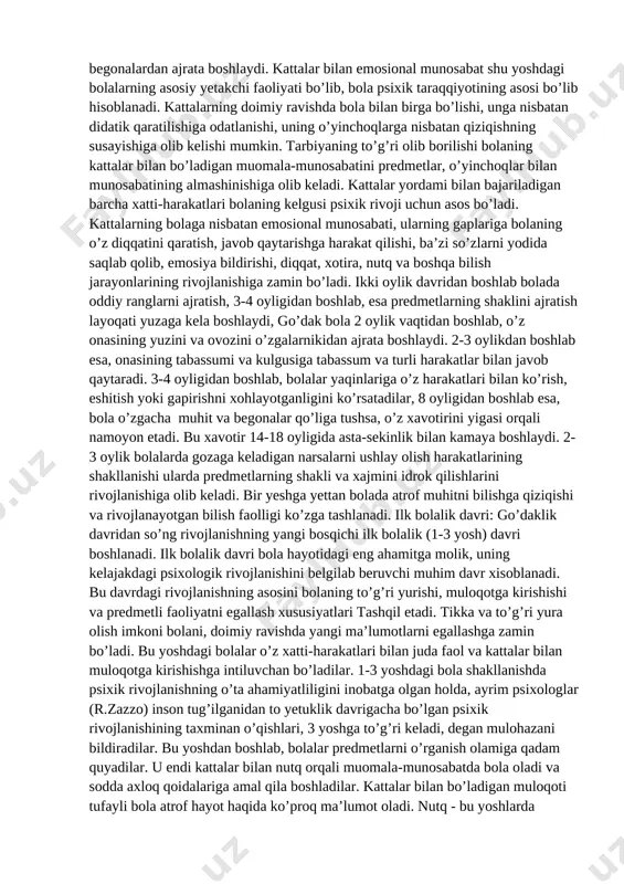 qondirishga nisbatan yo’naltirilgan xatti harakatlarning tug’ma, instinktiv shakllari sof holda kuzatiladigan yagona davr hisoblanadi. insonga xos bo’lgan xatti-harakatlar, yangi tajribalarni egallash uchun beqiyos imkoniyatlarning borligi go’daklik yoshidagi bolalarning asosiy xususiyatlaridir. agar organiq ehtiyojlar yetarli darajada qondirib borilsa, ular o’zlarining asosiy bo’lish ahamiyatini yo’qotadi: to’g’ri tashqil etilgan kun tartibi, rejim va tarbiya natajasida bola psixik rivojlanishi uchun asos bo’ladigan taassurotlarga, harakatta, muloqotga nisbatan yangi turdagi ehtiyojlar turkumi yuzaga keladi. bola tug’ilishning birinchi haftasidanoq uning ko’rish va eshitish sezgilari jadal suratda rivojlanadi. bola harakatlanayotgan narsani kuzata boshlaydi. u turli ovozlarga, jumladan, kattalarning tovushlariga e’tibor bera boshlaydi, yangi tug’ilgan chaqaloqning miya og’irligi kattalar miyasining 1/4 qismiga to’g’ri keladi, nerv hujayralarning soni esa xuddi kattalarniki kabi bo’lib, lekin ular yetarli darajada rivojlanmagan bo’ladi. ilk go’daklik davri - bu bolaning himoyasiz, kam harakat, harakat holatidan juda jadal ravishda rivojlanadigan, quvnoq bolaga aylanish davridir. u qisqa vaqt ichida kattalar bilan munosabat o’rnatadi, predmetlarni ushlashga va ulardan …