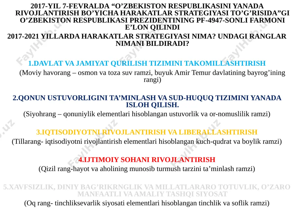 ydi. bu hayvonning nomi nima? (kiyik) 4.yomg‘ir yog‘ib turganda, qarg‘a qanday daraxtga qo‘nadi? (ho‘l daraxtga qo‘nadi) 5.bir joyda yonib turgan sakkiz lampochkadan uchtasi o‘chsa, nechta lampochka qoladi? (sakkizta lampochka qoladi, chunki uch lampochka singani yo‘q) 3-guruh uchun savollar: 1.nimaga odam orqaga o‘girilib qaraydi? (odam orqasida ko‘zi yo‘q) 2.yumuq ko‘z bilan nimani ko‘rish mumkin? (tush) 3.qanday idishni sira to‘ldirib bo‘lmaydi? (teshik idishni) 4.tushimda yovvoyi hayvonlar meni taladi, ulardan qanday qilib qutulish mumkin? (uyg‘onib) 5.olaqarg‘a o‘zini «men qushman», deb ayta oladimi? (olaqarg‘a gapira olmaydi) «maqollar chashmasi» bu o‘yinda o‘quvchilar mardlik, dovyuraklik haqida maqollar aytadi va izohlaydilar. nomard yovga yalinar, mard kuchiga suyanar. ******************************* yaxshi ko‘rgan do‘stingga yaxshi ko‘rgan molingni ber. ********************************* yigitga mardlik yarashar. ********************************* tilingni botir qilma, o‘zingni botir qil. ********************************* yaxshi bola – otaga quvvat, yomon bola – uqubat. ********************************** darsga yakun yasash va o‘quvchilarni baholash. uyga vazifa: mavzuni o’qib savollarga javob yozish darsdagi ishtirokingiz uchun rahmat! image1.jpeg image2.jpeg image3.gif …