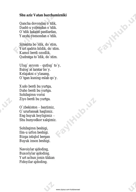 vatan uchun? qachongacha qorning o`ylab o`tadirsan? qachongacha ko`kdan chalpak kutadirsan? axir, vatan bitta, sen ham bittadirsan, aytgil, do`stim, nima qildik vatan uchun? buncha bino qo`yma zarrin choponlarga, saratonda yaproq bo`lgin dehqonlarga, suyangani tayoq bo`lgin cho`ponlarga, aytgil, do`stim, nima qildik vatan uchun? hech kimdan kam emassan, kam bo`lmagaysan, erda qolsang, oftob bo`lib kulmagaysan. qachon belni mahkam tortib bog`lagaysan? aytgil, do`stim, nima qildik vatan uchun? shu soylardan suvlar urgin yuzingga sen, bir bor nazar solgin bosgan izingga sen, shu savolni berib ko`rgin o`zingga sen, aytgil, do`stim, nima qildik vatan uchun? www.ziyouz.com kutubxonasi qo`shiq olisdagi mahmadana, ey eski olchoq, menga qadam tashlamoqni o`rgatmagin sen! o`zingga boq, keyin, mayli, nog`orangni qoq, menga qanday yashamoqni o`rgatmagin sen! tinchlik deya yurak bag`ri kuyik eldir bu, yaratganning qoshida eng suyuk eldir bu, o`tmishi ham, ertasi ham buyuk eldir bu, menga qanday yashamoqni o`rgatmagin sen! dala – dashtlar o`z-o`zidan eram bo`lmagay, lekin sendan beminnat bir karam bo`lmagay, o`zbek …