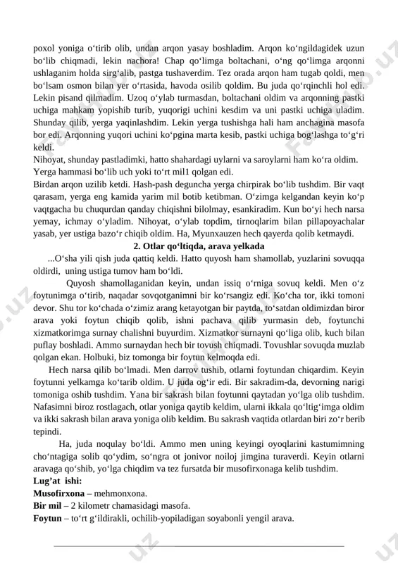 ushda kumush ko‘rinmas ekan. ammo axiyri boltachani bir to‘da chirigan poxol ustidan topdim. xursand bo‘lib uni kamarimga qistirib oldim va yerga qaytmoqchi bo‘ldim. biroq ish boshqacha bo‘lib chiqdi: loviyaning poyasi quyosh issig‘idan qovjirab, uzilib-uzilib ketibdi. buni ko‘rgach, qattiq xafa bo‘ldim. nima qilish kerak? nima qilsam ekan? nahotki men yerga qaytolmasam? nahotki umrim boricha oyda qolsam? voy, yo‘q! aslo bo‘lmaydi! noiloj poxol yoniga o‘tirib olib, undan arqon yasay boshladim. arqon ko‘ngildagidek uzun bo‘lib chiqmadi, lekin nachora! chap qo‘limga boltachani, o‘ng qo‘limga arqonni ushlaganim holda sirg‘alib, pastga tushaverdim. tez orada arqon ham tugab qoldi, men bo‘lsam osmon bilan yer o‘rtasida, havoda osilib qoldim. bu juda qo‘rqinchli hol edi. lekin pisand qilmadim. uzoq o‘ylab turmasdan, boltachani oldim va arqonning pastki uchiga mahkam yopishib turib, yuqorigi uchini kesdim va uni pastki uchiga uladim. shunday qilib, yerga yaqinlashdim. lekin yerga tushishga hali ham anchagina masofa bor edi. arqonning yuqori uchini ko‘pgina marta kesib, pastki uchiga …