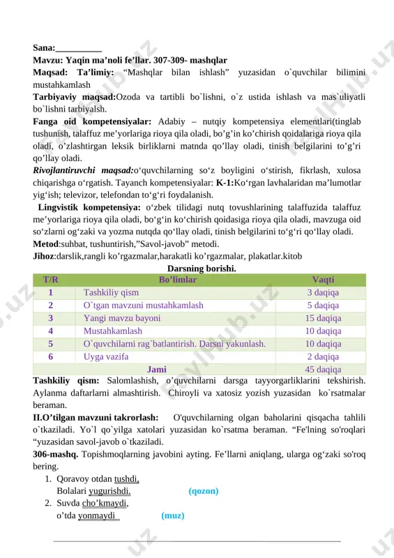 maqsad: ta’limiy: “mashqlar bilan ishlash” yuzasidan o`quvchilar bilimini mustahkamlash tarbiyaviy maqsad:ozoda va tartibli bo`lishni, o`z ustida ishlash va mas`uliyatli bo`lishni tarbiyalsh. fanga oid kompetensiyalar: adabiy – nutqiy kompetensiya elementlari(tinglab tushunish, talaffuz me’yorlariga rioya qila oladi, bo’g’in ko’chirish qoidalariga rioya qila oladi, o’zlashtirgan leksik birliklarni matnda qo’llay oladi, tinish belgilarini to’g’ri qo’llay oladi. rivojlantiruvchi maqsad:o‘quvchilarning so‘z boyligini o‘stirish, fikrlash, xulosa chiqarishga o‘rgatish. tayanch kompetensiyalar: k-1:ko‘rgan lavhalaridan ma’lumotlar yig‘ish; televizor, telefondan to‘g‘ri foydalanish. lingvistik kompetensiya: o‘zbek tilidagi nutq tovushlarining talaffuzida talaffuz me’yorlariga rioya qila oladi, bo‘g‘in ko‘chirish qoidasiga rioya qila oladi, mavzuga oid so‘zlarni og‘zaki va yozma nutqda qo‘llay oladi, tinish belgilarini to‘g‘ri qo‘llay oladi. metod:suhbat, tushuntirish,”savol-javob” metodi. jihoz:darslik,rangli ko’rgazmalar,harakatli ko’rgazmalar, plakatlar.kitob darsning borishi. t/r bo’limlar vaqti 1 tashkiliy qism 3 daqiqa 2 o`tgan mavzuni mustahkamlash 5 daqiqa 3 yangi mavzu bayoni 15 daqiqa 4 mustahkamlash 10 daqiqa 5 o`quvchilarni rag`batlantirish. darsni yakunlash. 10 daqiqa 6 uyga vazifa 2 daqiqa jami 45 …