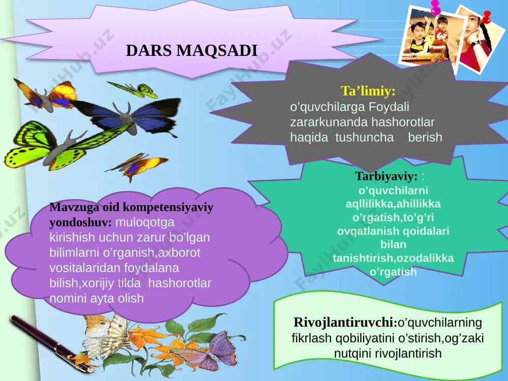 i hashorotlar www.themegallery.com o`rgimchak daraxt shox-shabbala- ri orasida o‘rgimchak inlarini uchratish mumkin . o‘rgimchak ini to‘r shaklida bo‘ladi. bu to‘rga pashsha, chivin kabi mayda hasharotlar ilinib qoladi. buni poylab turgan o‘rgimchak o‘rgimchak. tutilgan o‘ljasini nobud qiladi va yeydi. foydali hashorotlar www.themegallery.com mustahkamlash www.themegallery.com zakovat o’yin www.themegallery.com “zakovat” o’yinni borishi tashkiliy qism zakovat o’yin www.themegallery.com 1 2 3 7 4 5 6 8 9 10 11 12 www.themegallery.com 1-savol 1tabiatda suv necha xil holatda bo’ladi? suyuq,qattiq,gaz savollarga qaytish www.themegallery.com 2-savol yer yuzidagi eng baland hayvon? jirafa savollarga qaytish www.themegallery.com 3-savol yer yuzidagi eng katta hayvon? kit savollarga qaytish www.themegallery.com 4-savol qaysi suyak bosh miyani himoya qiladi? kalla suyagi savollarga qaytish www.themegallery.com 5-savol teri tanamizni nimadan himoya qiladi? shikastlanishdan,chang mikroblardan savollarga qaytish www.themegallery.com 11-savol tanamizda nechta suyak bor? 200dan ortiq suyak bor. savollarga qaytish www.themegallery.com 12-savol katta odamning yuragi qancha og’irlikda bo’ladi? 300 gramm savollarga qaytish www.themegallery.com 8-savol katta yoshdagi odamda qancha …