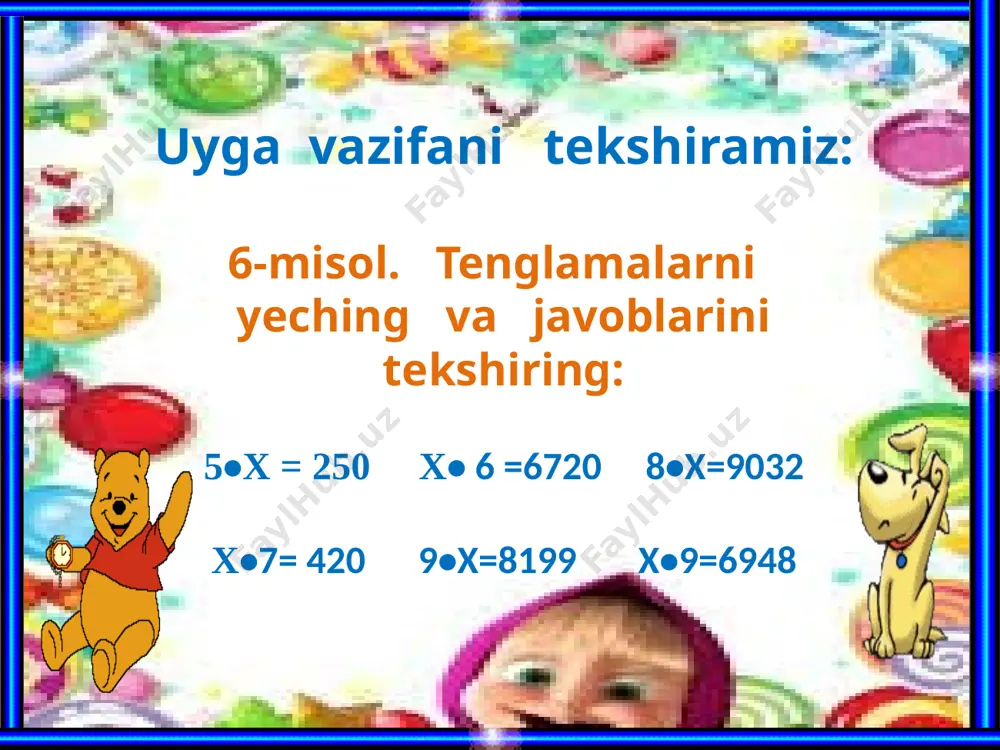 asi --- 3800 g jami qutilar massasi --- ? yechish: 1) 3800 : 38 = 100 2) 130 – 100 = 30 3) 30 • 38 = 1140 3- masalaning qisqa sharti: qadoqlangan choy qutisi bilan --- 130 g 38 ta qutidagi choy massasi --- 3800 g jami qutilar massasi --- ? yechish: 1) 3800 : 38 = 100 2) 130 – 100 = 30 3) 30 • 38 = 1140 javob : jami qutilar massasi 1140 g. barakalla obrazets teksta vtoroy uroven tretiy uroven chetvertiy uroven pyatiy uroven 4 – masala. piramida uchi va yoqlarining joylashuvini tahlil qiling. eng yuqorida piramidaning uchi joylashgan . piramidaning yon tomonlari uchburchaklardan, ostki qismi esa ko‘pburchakdan iborat bo‘lib, asosi deyiladi. asosidagi burchaklar soni nechta bo‘lsa, shuncha burchakli piramida deyiladi. 5 – masala . duradgorda 9 ta yog‘och taxta bor edi. u bir nechta taxtaning har birini 5 bo‘lakka bo‘lib arraladi. shunda unda taxtalar …