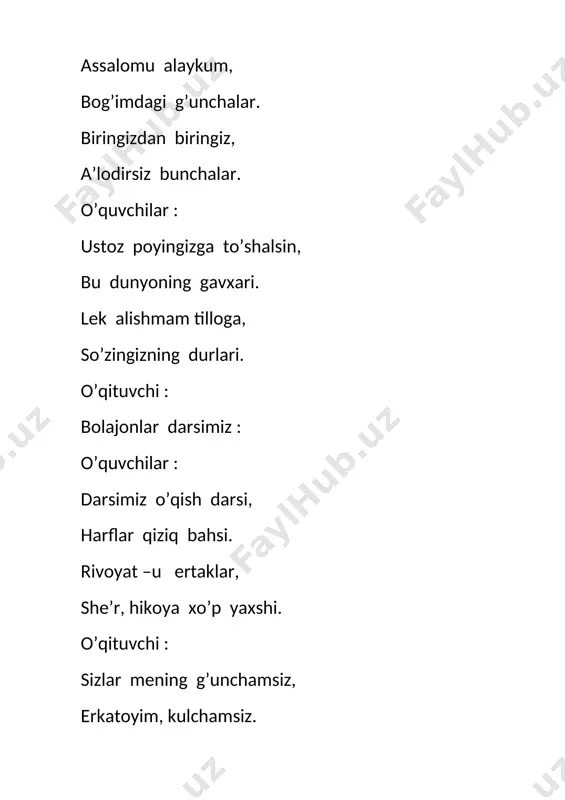 o’ladi. ---gul – chechaklarida – ayting qachon nurga to’lar. . . . ---yoz ne’matlarida – bu ayadir, bu oyidir . . . . . ---kuz saxovatida – bolajonlar istaganda, kim quyoshga. . ---qish qorbo’ronida – qani ayting kim bizlarga . . . . . ishtiroketgan guruhlar o’z – o’zini baholash metodidan foydalanishadi. iii .yangi mavzu bayoni : o’quvchilarga yangi mavzuni e’lon qila turib, xattaxtaga tortilgan parda ochiladi. xattaxtaga avvaldan yozib qo’yilgan mavzu, mavzu asosida chizilgan ko’rgazma bo’ladi. xattaxtaga yozilgan mavzuni g’olib guruh sardoriga o’qitiladi. keyin o’qituvchi tomonidan takror o’qib eshittiriladi, o’quvchilarga darslikni 145 – sahifasini ochib, mavzuni topishlik ta’kidlanadi. avval multimedia asosida mavzu yuzasidan berilgan rivoyat qo’yib eshittiriladi. so’ng o’quvchilar tomonidan sahnalashtirilgan tayyorlangan kichik sahna ko’rinishi namoyish etiladi.o’quvchilar namoyishidan so’ng rivoyatni o’quvchilarga obrazlarga bo’lib o’qitiladi. tabiat bilan suhbat ( rivoyat ) bo’ron dedi: -kuchda menga teng keladigani yo’q. men qudratliman.istasam, dov-daraxtni ildiz-pildizi bilan sug’rib tashlayman. xohlasam, tog’ni tolqon qilaman. istasam, …