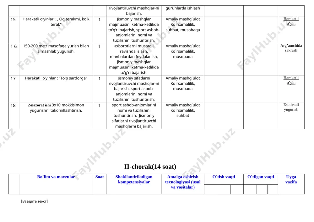i mashqlar-ni bajarish, sport asbob-anjomlarini nomi va tuzilishini tushuntirish. amaliy mashg`ulot ko`rsamalilik, musobaqa harakatli o’yin 18 2-nazorat ishi 3x10 mokkisimon yugurishni takomillashtirish. 1 sport asbob-anjomlarini nomi va tuzilishini tushuntirish. jismoniy sifatlarni rivojlantiruvchi mashqlarni bajarish, amaliy mashg`ulot ko`rsamalilik, suhbat estafetali yugurish ii-chorak(14 soat) bo`lim va mavzular soat shakllantiriladigan kompetensiyalar amalga oshirish texnologiyasi (usul va vositalar) o`tish vaqti o`tilgan vaqti uyga vazifa 1 turgan joydan uzunlikka sakrashni takomillashtirish. estafetali yugurishlar. 1 x sog‘lomlashtiruvchi mashqlarni bajarishni tushunish va qo‘llay olish, manbalardan foydalanish ko`rsamalilik, suhbat, musobaqa estafetali yugurishlar. 2 harakatli o’yinlar: “arg’amchili estafeta” 1 k sport asbob-anjomlarini nomi va tuzilishini tushuntirish. jismoniy sifatlarni ivojlantiruvchi mashqlarni bajarish, amaliy mashg`ulot ko`rsamalilik, suhbat arg’amchili estafeta 3 harakatli o’yinlar :„qal'a himoyasi" 1 b jismoniy sifatlarni rivojlantiruvchi mashqlar-ni bajarish. amaliy mashg`ulot ko`rsamalilik, kichik guruhlarda musobaqa harakatli o’yin 4 estafetali yugurish (6x30). 1 axborotlarni mustaqil ravishda izlash, manbalardan foydalanish ko`rsamalilik, kommunikativ aloqa, musobaqa arg’amchida sakrash 5 harakatli o’yinlar: „top, lekin …