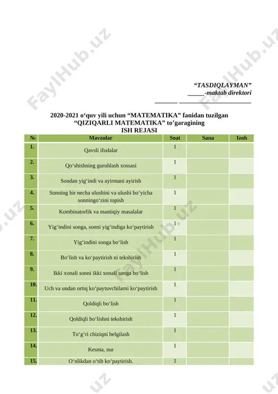 li kasrlarni taqqoslash va tartiblash 63. shakllarni burish 64. burchak simmetriyasi 65. burchak simmetriyasini mustahkamlash 66. fazoviy figura – piramida 67. fazoviy figura – konus 68. tenglamaga olib kelinadigan masalalar to‘garak rahbari: ___________ ____________________ _____________ tuman xalq ta`limi bo`limiga qarashli __-umumiy o`rta ta`lim maktabi “_____” _________2020 yil matematika fani to`garak mashg`ulotiga qatnashuvchi o`quvchilari o`rtasida 2020-2021 yangi o`quv yilining to`garak mashg`uloti davrida texnika xavfsizlik qoidalari, yo`l harakati qoidalari, yong`inga qarshi kurash chora tadbirlariga hamda ___-umumiy o`rta ta`lim maktabining barcha ichki tartib qoidalariga rioya qilish to`g`risida maxsus yo`riqnoma № o`quvchilarning f.i.sh tanishdim sana o`quvchilarning imzosi 1 2 3 4 5 6 7 8 9 10 11 12 13 14 15 16 17 18 19 20 yo`riqnoma bilan tanishtiruvchi va to`garak mashg`uloti rahbari: _________ _____________ “______________________________________” to`garagi a`zolarining ro`yxati № o`quvchilarning familiyasi, ismi tug`ilgan yili sinfi yashah manzili 1 2 3 4 5 6 7 8 9 10 11 12 13 14 15 …