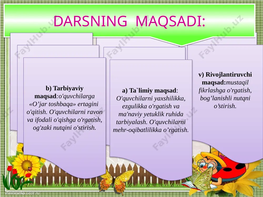 qotirmasi: (javob: qari bilganni pari bilmas.) 14 3 9 7 4 10 1 6 8 5 2 va lo bi bo la 0 gul lan la na 3-guruh boshqotirmasi: (javob: ona bilan bola, gul bilan lola.) 5 2 7 1 4 6 3 du tin ol ol ma o ol 4-guruh boshqotirmasi: (javob: oltin olma, duo ol.) 15 iii.yangi mavzu bayoni. usti tosh, osti tosh, o’rtasida jondor bosh. o’quvchilar topishmoqning javobini topadilar. o’qituvchi mavzu nomini shu topishmoq bilan bog’liqligini aytadi va e’lon qiladi. “o’jar toshbaqa” o'qituvchi yangi mavzuni e'lon qiladi. yangi mavzuni o'qituvchi hikoya qahramonlariga atab yasalgan qo'g'irchoqlar ishtirokida sahnalashtirib ko'rsatib beradi. 16 taqdimot. har guruhdan bir o'quvchi chiqib, boshqotirma javobini aytadi va javobni topish usulini tushuntirib beradi. o'qituvchi o'quvchilarga o'tgan darsda o'tilgan mavzuni o'qitib, mazmunini qayta hikoya qildiradi, uyga berilgan topshiriq so'raladi. o'quvchilarga qo'shimcha savollar beriladi. “ chumoli va tipratikan” masali yuzasidan savol- javob o’tkaziladi. 1. „nafsi buzuq“ so'zini …
