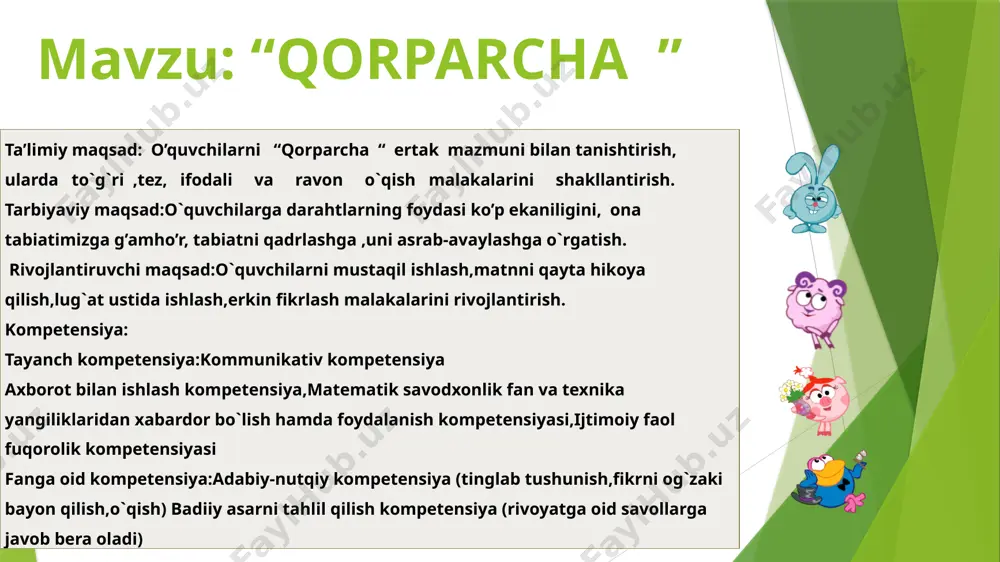 di ,rang-barang kapalaklar ularga qo’nib o’ynaydi. laylaklar janubdan qaytib ,shohlarimga in quradil. tuxumidan polaponlar chiqadi .eh,ularni bir ko’rganingda! qorparcha o’sha yili yerda qolib,yozni ko’rmoqchi edi. biroq u quyosh chiqishi bilan erib, bug’lanib ketdi. ko’z ochib yumguncha o’zini osmonda ko’rdi. lug’at ishi: qovog’ini uydi-qovog’ini soldi bezatish-chiroyli qilmoq nurga cho’mildi- nur sochdi uvushib-sovqotib,muzlab, “archadagi jumboq”o’yini. o’quvchilar bir-biriga ulab yozilgan so’zlardan yangi so’zlarni tuzishlari kerak. buning uchun kursor so’zlarning ustiga olib borilib harflar bosilganda,to’g’ri topilgan so’zlar archadan tashqariga yoziladi.o’quvchilar darslikdan shu so’z ishtirok etgan gaplarni topib o’qiydilar. aqliy hujum. 1-guruh 2-guruh 1.qish faslida nechta oy bor? 1.qishda ham sumalak pishirsa bo’ladimi ? 2.qishning qaysi kunida eng uzun tun ? 2.qishning qaysi kunida eng qisqa kun ? 3.qor qaysi faslda yog’adi ? 3.qish faslida darahtlar gullaydimi ? 4.archani qachon yasatamiz ? 4.31-dekabr kuni qanday bayram nishonlanadi ? 5.archa yozda qanday rangda bo’ladi ? 5.archani uyga ham eksa bo’ladimi ? darslik bilan ishlash: o`quvchilar hikoyani …