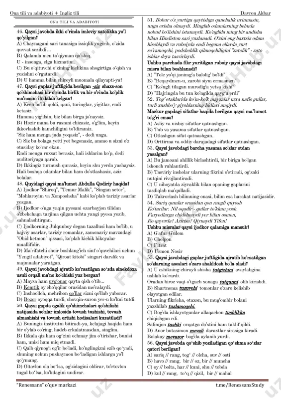 tili va adabiyoti + ingliz tili davron akbar “renessans” o’quv markazi t.me/renessansstudy 21. a(2;-3) nuqta y=2x-b funksiyaga tegishli boʻlsa, uning absissalar oʻqi bilan kesishish nuqtasini toping. a) (0;-7) b) (0;7) c) (-3,5;0) d) (3,5;0) 22. -74 va 131 oraligʻida nechta butun son mavjud? a) 203 b) 204 c) 205 d) 200 23. 1;3;5 raqamlaridan foydalanib 3 ga boʻlinadigan nechta raqamlari takrorlanmaydigan 3 xonali son tuzish mumkin? a) 6 b) 27 c) 9 d) 4 24. ekuk(1512;1008)=? a) 3024 b) 1008 c) 1512 d) 6048 25. tenglamani yeching: a) 3,9 b) 39 c) 0,39 d) -3,9 26. qurilish maydonchasiga uchta 27. xodani teng 4 boʻlakka boʻlish uchun 12 minut vaqt ketadi. shu xodani 3 boʻlakka boʻlish uchun qancha vaqt ketadi ? a) 6 minut b) 8 minut c) 9 minut d) 10 minut 28. quyidagi sonlardan nechtasi butun son? ; 27; ; 0; -15; 3,14 a) 1 tasi b) 2 tasi …