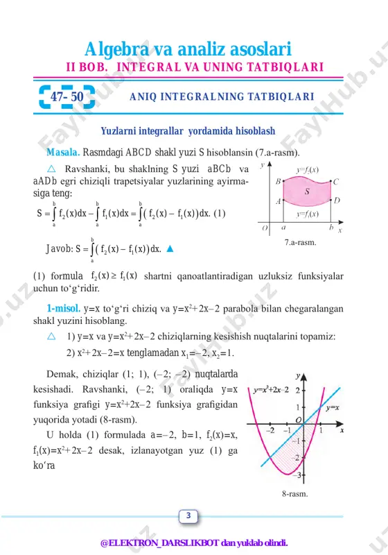 ⋅ ⋅ + + − −∫ shunday qilib, kesik konusning hajmi: 2 2( ) . 3 v r rr r hπ = ⋅ + +π bundan ao=r=0 bo‘lsa, konus hajmi formulasini olamiz. sharning hajmi. radiusi r, markazi (r; o) nuqtada bo‘lgan doiraning cho- rak qismini ox o‘qi atrofida aylantirishdan (13-rasm) hosil qilinadigan shakl sharning yarmidir. bizning holda mos aylana tenglamasi 2 2 2( )x r y r− + = bo‘ladi, bundan 22 ,y rx x= − [0; ].x r∈ (2) formulaga ko‘ra 3 2 2 3 0 1 2(2 ) ( ) , 02 3 3 r shar rxv rx x dx rx r= π ⋅ − = π ⋅ − = π∫ demak, 34 . 3sharv rπ= π 13-rasm. 14-rasm. 12-rasm. @elektron_darslikbot dan yuklab olindi. 6 shar segmentining hajmi. 14-rasmda oa=r, o1a=h (segmentning balandligi) bo‘lsin. doira segmentini uning balandligi atrofida aylanishidan shar segmenti hosil bo‘ladi (14-rasm.) shar segmentining hajmini …