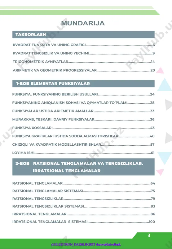 afigi..........................................................................................................144 loyiha ishi.............................................................................................................................150 3-bob koʻrsatkichli va logarifmik funksiyalar koʻrsatkichli funksiya va uning xossalari. grafigi............................108 logarifm haqida tushuncha. logarifmik funksiya va uning xossalari, grafigi........................................................................................................1 1 1 logarifmik ifodalarni ayniy almashtirish.....................................................113 koʻrsatkichli tenglamalar................................................................................118 sodda logarifmik tenglamalar... . . . . . . . . . . . . . . . . . . . . . . . . . . . . . . . . . . . . . . . . . . . . . . .121 koʻrsatkichli va logarifmik tenglamalar sistemasi...............................124 koʻrsatkichli tengsizliklar......................................................................................128 logarifmik tengsizliklar............................................................................................131 koʻrsatkichli modellashtirish. murakkab foiz formulasi va uning tatbiqlari. oʻsish hodisalari. radioaktiv yemirilish................................133 5-bob trigonometrik tenglamalar takrorlash 6-bob ehtimollar nazariyasi trigonometrik tenglamalar............................................................................153 ba’zi trigonometrik tenglamalarni yechish usullari......................158 trigonometrik tengsizliklar...........................................................................161 tasodifiy hodisalar.......................................................................................................167 ehtimollik taʼriflari.....................................................................................................170 10-sinf algebra