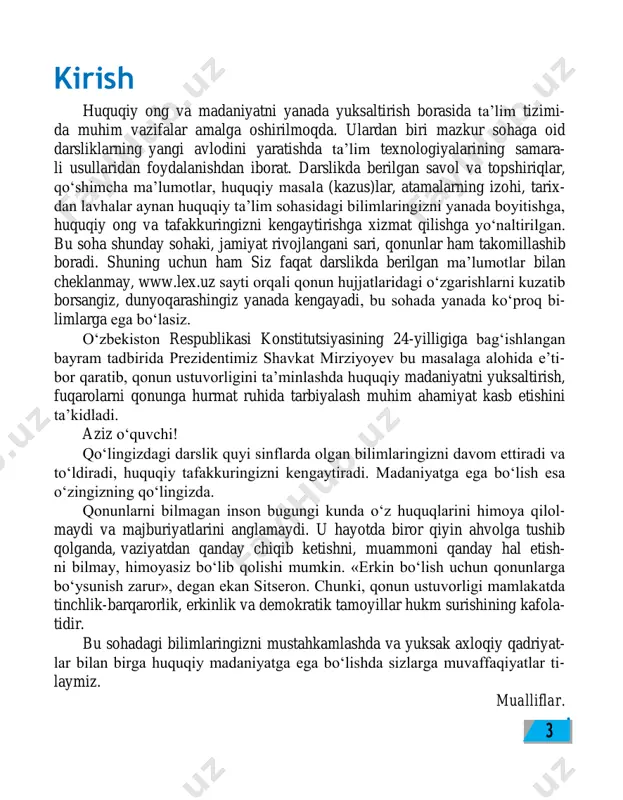 or shaxslar fuqarolar oldida mas’uldirlar. mazkur konstitutsiyaviy qoidalar mazmuni- dan inson va fuqarolar huquqlari hamda erkinliklarining ustunligi prinsipi kelib chiqadi. o‘zbekiston respublika- si konstitutsiyasi muqaddimasining asosiy mavzusi inson  o‘zbekiston respublikasining konstitutsiyasi davlatning huquqiy asosi.  o‘zbekiston respublikasi konstitutsiyasi inson huquqlarini amalga oshirishning huquqiy asosi. bugun darsda quyidagilar bilan tanishasiz: 1-§ o‘zbekiston respublikasining konstitutsiyasi davlatning huquqiy asosi kirish 4 davlat hokimiya- ti idoralarining vakolati, harakat doirasi inson va fuqarolarning huquq va erkin- liklari ko‘lami bilan cheklanadi. ushbu fikrni o‘zbekiston res- publikasi konsti- tutsiyasining 2, 13 va 14-mod- dalarida bayon etilgan qoidalarni o‘zaro bog‘lab tahlil etish orqali isbotlashga hara- kat qiling. ijodiy faoliyat huquqlari bo‘lib, xalqimiz va davlatimiz ana shu masalada inson huquqlariga sodiqligini e’lon qiladi. konstitutsiya fuqaro, jamiyat va davlat hokimiyati o‘rtasidagi munosabatlarni belgilovchi o‘ziga xos ijti- moiy shartnomadir. konstitutsiya fuqarolarning umu- miy teng huquqliligi, fuqaro va davlat o‘rtasidagi muno- sabatlarda o‘zaro mas’ulligi g‘oyasiga asoslanadi. konstitutsiyaviy qoidalar shaxs va davlatning …