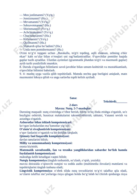 4. husnixat mashqlari o'tkazish. mashq uchun quyidagi material beriladi. aa. adolat — aqlli. adolat — aqlli qiz. o'qituvchi husnixat qoidalarini o'quvchilarga eslatadi. jumla-dan, partada o'tirish, daftar va ruchkadan to'g'ri foydalanish, harf unsurlariga e’tibor berish, harflarning yozuvda bir-biriga ulanishi, qo'lni uzmasdan yozish va so'zlar orasidagi oraliqlar qanday bo'lishini tushuntiradi. berilganlarning har biri bir qatordan yoziladi. o'quvchilar ishga kirishishdan avval: „yozsang xat, chiroyli yoz! yozuving bo'ladi sozf“ shiorini aytib, so'ng ishga kirishadilar. nutq – garlar orqali bildirilgan fikr. nutq gaplardan, gap esa so’zlardan tuziladi. 5. darslikdagi 3- mashq ustida ishlash. mashqning topshirig‘i o ‘qiladi. o'quvchilarning yozda qilgan ishlarini eslash, u haqda fikr yuritish, fikrlarini umumlashtirishlari uchun vaqt beriladi. fikrlar to'plab olingach, 2—3 o'quvchi ta'tildagi ishlari, eng qiziqarli voqea-hodisalar haqida so'zlab beradi. 6. ijodiy diktant. ijodiy diktant uchun quyidagi so'zlar beriladi. yoz, ta’til, oromgoh, qishloq, dala, ish, yordam, mashg'ulot, kitob, ertak. o'quvchilarga berilgan so'zlardan foydalanib, bog'lanishli gaplar tuzish topshiriladi. 7. „quvnoq daqiqa“, „men …