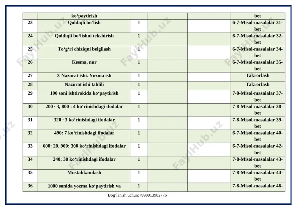 ihozi:darslik, tarqatma materiallar,akt, rag`bat kartochkalar. darsning borishi: i.tashkiliy qism.salomlashish. o’quvchilarni darsga tayyorlash. sinf ahborotini eshitish . __salomlashish __davomatni aniqlash __ navbatchining axborati __ sinf tozaligini va o`quvchilarni darsga tayyorligini nazorat qilish. ii. o`tilganlarni takrorlash. o`quvchilarni bilimini oshirish maqsadida o`tilgan mavzular yuzasidan ,,kim bilimdon” ta`limiy o`yinini o`tkazamiz. tarqatmalarda savollarni o`qituvchi o`qib beradi o`quvchilar kim birinchi to`g`ri javob bergan o`quvchilarni rag`batlantiriladi. iii. yangi mavzu bayoni:yangi mavzu sinf doskasiga yoziladi. o’quvchilarga yangi mavzu aytiladi. darslikdagi misol masalalar yordamida yangi mavzu tushuntiriladi. 1- topshiriqni o`qib tushuntiriladi. 751,307. 2- topshiriqni tushuntiriladi. masalan: 9 ta o`nlik 9 ta birlik=99 9 ta yuzlik 9 ta o`nlik 9 ta birlik=999 9ta yuzlik 9 ta o`nlik=990 9ta yuzlik 3 ta o`nlik=930 3- topshiriq.yulduzcha o`rniga qanday raqamlar qo`yish mumkin? 226 264 756>675 498>497 268<381 775 <786 4- misol. 100+60+2=162 600+ 30+8=638 500+70=570 427-400-20=7 854-50-4=800 903-3=900 5- masala. atirgul – 430ta chinnigul-?ta 130 ta kam hammasi ?ta gul yechish:1)430-130=300 2)430+300=730 j:730 …