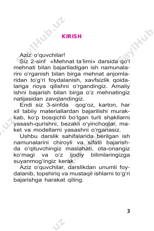 3 4 1 2 20 atirgul haqida qanday she’r bilasiz? 5 6 7 8 21 ota-onangiz yordamida gullarning boshqa turlarini ham yasab ko‘ring. 9 10 11 22 turli geometrik shakllardan harakatlanuvchi modellar yasash harakatlanuvchi model qismlarini qo g‘oz qutilardan yasash mumkin. 9-dars harakatlanuvchi model qismlari o‘l chamlarini to‘g‘ri oling. 1 3 2 4 23 mashina g‘ildiraklarini yasashda plast- massa qopqoqlardan foydalaning. 5 6 haydovchi erta tongdan kun botgun ga qadar odamlarni o‘z manzillariga bexatar yetib olishlari uchun xizmat qi- ladi. haydovchi kasbi doim ziyraklik, hushyorlikni talab etadi. haydovchi mashina, avtobus, tramvay, yuk ma shinalarini boshqaradi. 24 qog‘ozdan tipratikan applikatsiyasini yasash10-dars rangli qog‘ozdan applikatsiya bo‘lak larini qirqib oling. 1 6 7 2 43 5 25 mustaqil yasab ko‘ring. 8 9 26 qog‘ozdan mozai- ka usulida ertak qahramonini yasash11-dars ayiqchaga mos qog‘oz bo‘laklarini tayyorlab oling. 1 2 27 mozaika ishini tartibli bajaring. ayiq qaysi taomni yaxshi ko‘radi? 3 4 5 6 28 …
