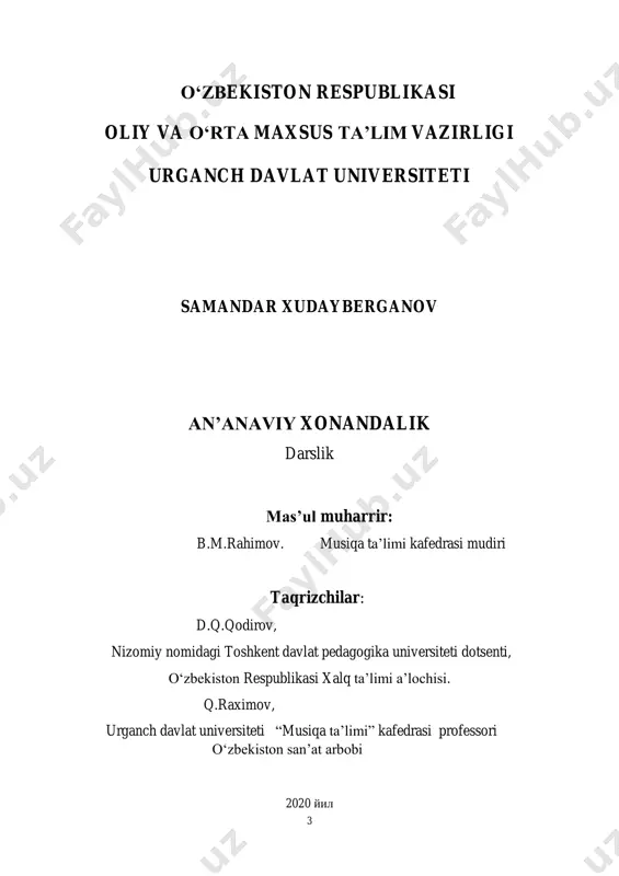 eir choosing, psychological and physiological changes in the human body, to know and to train the students who are drawn to the position of the maqam singer and the director of maqom guide - are the priorities of science n. chapters of the traditional singing vocabulary chapter three: the first chapter -- traditional singing school forms, candlestick songs, big songs, khorezm statues, watercolors, dutar statues, chapter 2 -- people of khorezm school of singing chapter three -- themes of theoretical and laboratory exercises as well as methodical recommendations for the formation of singing skills in the ensemble of singers, work on singing and playing skills, singing and singing songs performed by the singer's ensemble (sibelius program n) the notes are provided. 6 so„z boshi bugungi kunda milliy ijrochilik maktabi istiqboli haqida gap borar ekan, bu buyuk ma‘naviy qadriyatimiz bo‗lmish musiqa merosimizni ta‘lim-tarbiya tizimida o‗rganish va uni tiklash eng zarur vazifamizdir. …