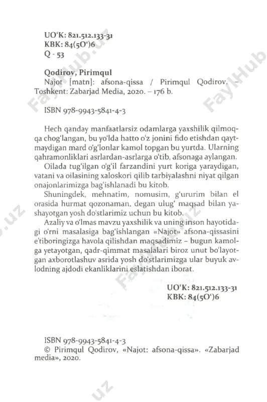 keta- miz, qurt-qumursqaga yem bo'lib yotadi. - o'lding, rahim! - deb shipshidi ashur. rangi vahimadan oqarib ketgan rahim gapdon esa tepaga qarab iltijo qildi: - e, yaratgan egam, ozing najot ber! yigit og‘a boshliq otliqlar qamishlarni shaldiratib to'qayni oralab ketdilar. bir vaqt daryo suvi yaltirab ko'rindi. suv bo'yidagi o'tloqdan kulrang-qizg'ish rangli bir kiyik qochganini yigitlar ko'rib qolishdi. - shahzodam! - qichqirdi yigit og‘a. - kiyik bor ekan! daryo tomondan kelinglar! tezroq! biz bu to- mondan quvamiz! tez! jajji shoxlari bor, yirik ko'zlari tim qora kiyik bir to‘p qamishlarni yorib o‘tdi-da, o'tloq yaylovga qarab qochdi. buni endi shahzoda ham ko'rdi. eng uchqur ot shahzodaning tagida edi. u boshqalardan tezroq ot choptirib borib kiyikning oldini to'sib chiqdi. narigi tomon daryo. orqadan yigit og‘a boshliq otliqlar uchib kelmoqda. faqat o‘ng yoqdagi qa- mishzor panaroq edi. kiyik o'zini o'sha tomonga tashladi. - ashur, rahim! qamishzor tomondan kelinglar! - deb buyurdi shahzoda. o‘n chog'li otliq …