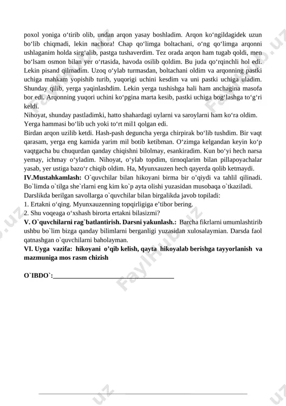 sababli kumushda kumush ko‘rinmas ekan. ammo axiyri boltachani bir to‘da chirigan poxol ustidan topdim. xursand bo‘lib uni kamarimga qistirib oldim va yerga qaytmoqchi bo‘ldim. biroq ish boshqacha bo‘lib chiqdi: loviyaning poyasi quyosh issig‘idan qovjirab, uzilib-uzilib ketibdi. buni ko‘rgach, qattiq xafa bo‘ldim. nima qilish kerak? nima qilsam ekan? nahotki men yerga qaytolmasam? nahotki umrim boricha oyda qolsam? voy, yo‘q! aslo bo‘lmaydi! noiloj poxol yoniga o‘tirib olib, undan arqon yasay boshladim. arqon ko‘ngildagidek uzun bo‘lib chiqmadi, lekin nachora! chap qo‘limga boltachani, o‘ng qo‘limga arqonni ushlaganim holda sirg‘alib, pastga tushaverdim. tez orada arqon ham tugab qoldi, men bo‘lsam osmon bilan yer o‘rtasida, havoda osilib qoldim. bu juda qo‘rqinchli hol edi. lekin pisand qilmadim. uzoq o‘ylab turmasdan, boltachani oldim va arqonning pastki uchiga mahkam yopishib turib, yuqorigi uchini kesdim va uni pastki uchiga uladim. shunday qilib, yerga yaqinlashdim. lekin yerga tushishga hali ham anchagina masofa bor edi. arqonning yuqori uchini ko‘pgina marta kesib, pastki …