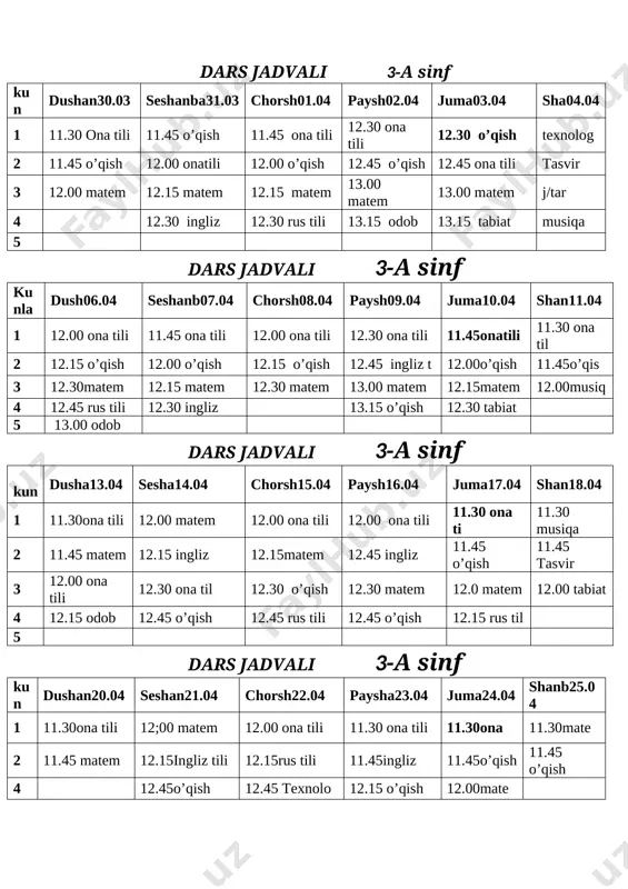 so’z turkumi 384-385-mashqlar 12.30 21.04.20 386-mashq 136-bet 19 so’z turkumlari 381-382-masqlar 11.30 23.04.20 383-mashq 135-bet 20 fe’llarni aniqlash 390-391 mashqlar 11.30 24.04.20 392-mashq 138-bet 21 mustshkamlash 393 –mashq 11.30 27.04.20 394-mashq139-bet 22 nazorat ishi ;yomg’ir diktant 11.30 28.04.20 takrorlash 23 rasm asosida hikoya tuzish 395-mashq 11.30 29.04.20 396-mashq 139-bet 24 25 26 27 28 29 tasdiqlayman; maktab direktori ; o.mutavaliyev namangan viloyati yangiqo’rg’on tumani 21- maktab 3-’’a’’ sinf o’qish fanidan onlayn dars ish rejasi t/n onlayn mavzular soat sana uy vazifa 1 jahon bolalar adabiyoti. oyga birinchi sayohat-1 11.45 30.03.20 156-158-bet 2 jahon bolalar adabiyoti. oyga birinchi sayohat.-2 12.00 31.03.20 158-160-bet 3 jahon bolalar adabiyoti. moychechak. tavfiq fikrat 12.00 01.04.20 160-bet 4 jahon bolalar adabiyoti. uch aka-uka va baxt-1 12.45 02.04.20 161-162bet 5 jahon bolalar adabiyoti. uch aka-uka va baxt-2 12.30 03.04.20 163-165-bet 6 jahon bolalar adabiyoti. pinokioning sarguzashtlari-1 12.15 06.04.20 166-167 bet 7 jahon bolalar adabiyoti. pinokioning sarguzashtlari-2 12.00 …