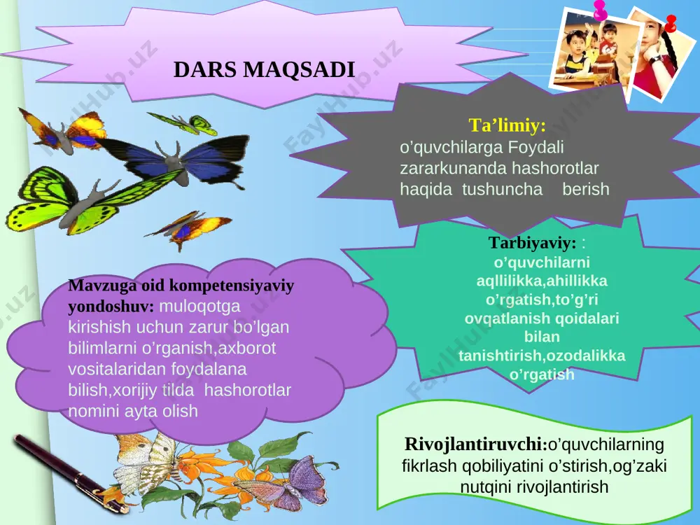 shabbala- ri orasida o‘rgimchak inlarini uchratish mumkin . o‘rgimchak ini to‘r shaklida bo‘ladi. bu to‘rga pashsha, chivin kabi mayda hasharotlar ilinib qoladi. buni poylab turgan o‘rgimchak o‘rgimchak. tutilgan o‘ljasini nobud qiladi va yeydi. foydali hashorotlar www.themegallery.com mustahkamlash mart qo`ng`izi qanday rivojlanadi? g`o`za kartoshka va karamga qanday xashorotlar zarar yetkazadi? asalari, xonqizi, chumoli va o`rgimchak qanday foyda keltiradi? www.themegallery.com zakovat o’yin www.themegallery.com o’quvchilarni baholash va uyga vazifa: foydali va zararkunanda hashorotlar haqida haqida o’qib o’rganib kelish,ovqat hazm qilish organlari rasmlarini chizib kelish www.themegallery.com e’tiboringiz uchun rahmat! * unknown-0.unknown