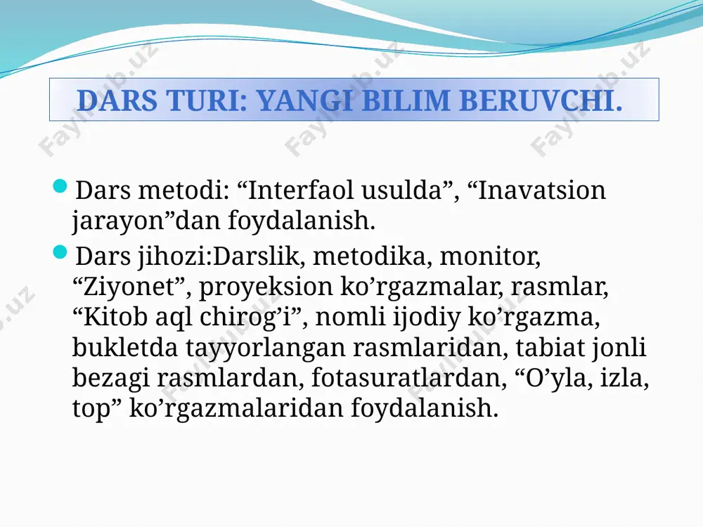 anotlaring ipakdak. seni ko’rdim bog’chamda, meni qilding jonsarak. 2. uchrataman har kuni, seni go’zal bog’chamda, so’rib gullar bargini, o’tirasan olchamda. 3. borib ushlay deganda shoshib qolib uchasan. sira tutqich bermasdan guldan gulga ko’chasan. xulosa: darsning yakuni: yakka tartibda va har bir guruh rag’bart kartochkalar ballarini jamlab g’olib guruh rag’barlantiriladi. o’qituvchi:bugungi darsimizni men ushbu ajoyib she’riy satrlar bilan yakunlayman. ilmu odob, mehringizdan, hurmatingiz yuksaldi. quvvat olib sehringizdan, darsimiz ham tugadi. tabiatning jonli bezagi mavzusini ifodali, anglab o’qish. mustaqil ish: gullarni va kapalaklarni kuzating. daftaringizga fikringiz va xulosangizni bayonini yozing uyga vazifa: e’tiboringiz uchun rahmat. audio1.wav image2.jpeg audio2.wav image3.png audio3.wav image4.png image5.jpeg image6.jpeg image7.jpeg image8.jpeg image9.png image10.jpeg image11.jpeg image18.jpeg image19.jpeg image20.jpeg image21.jpeg image22.jpeg image23.jpeg image24.jpeg image25.jpeg image12.png image13.jpeg image14.jpeg image15.jpeg image16.jpeg image17.jpeg audio4.wav image26.jpeg