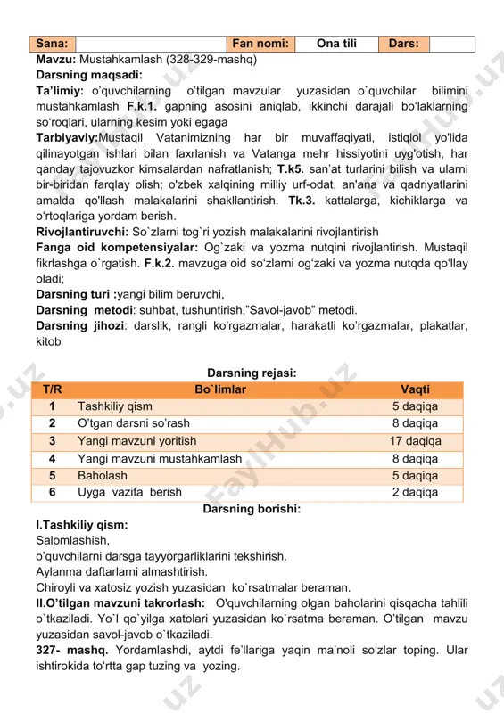 mizning har bir muvaffaqiyati, istiqlol yo'lida qilinayotgan ishlari bilan faxrlanish va vatanga mehr hissiyotini uyg'otish, har qanday tajovuzkor kimsalardan nafratlanish; t.k5. san’at turlarini bilish va ularni bir-biridan farqlay olish; o'zbek xalqining milliy urf-odat, an'ana va qadriyatlarini amalda qo'llash malakalarini shakllantirish. tk.3. kattalarga, kichiklarga va o‘rtoqlariga yordam berish. rivojlantiruvchi: so`zlarni tog`ri yozish malakalarini rivojlantirish fanga oid kompetensiyalar: og`zaki va yozma nutqini rivojlantirish. mustaqil fikrlashga o`rgatish. f.k.2. mavzuga oid so‘zlarni og‘zaki va yozma nutqda qo‘llay oladi; darsning turi :yangi bilim beruvchi, darsning metodi: suhbat, tushuntirish,”savol-javob” metodi. darsning jihozi: darslik, rangli ko’rgazmalar, harakatli ko’rgazmalar, plakatlar, kitob darsning rejasi: t/r bo`limlar vaqti 1 tashkiliy qism 5 daqiqa 2 o’tgan darsni so’rash 8 daqiqa 3 yangi mavzuni yoritish 17 daqiqa 4 yangi mavzuni mustahkamlash 8 daqiqa 5 baholash 5 daqiqa 6 uyga vazifa berish 2 daqiqa darsning borishi: i.tashkiliy qism: salomlashish, o’quvchilarni darsga tayyorgarliklarini tekshirish. aylanma daftarlarni almashtirish. chiroyli va xatosiz yozish yuzasidan ko`rsatmalar beraman. …