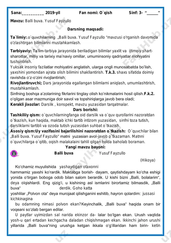 ida yashaydigan otaxonni hammamiz yaxshi ko„rardik. maktabga borish- dayam, qaytishdayam ko„cha eshigi yonida o„tirgan boboga odob bilan salom berardik. u kishi bizni „balli, bolalarim“, deya olqishlardi. eng qizig„i, u kishining asl ismlarini birortamiz bilmasdik, „balli buva“ derdik. goho katta yoshlilar „polvon ota“ deya murojaat qilishganini eshitib, hayron qolardim: jussasi kichkinagina bu odamning nimasi polvon ekan?keyinchalik, „balli buva“ haqida onam bir voqeani so„zlab bergan edilar. u paytlar uyimizdan sal narida ekinzor da- lalar bo„lgan ekan. urush vaqtida yosh-u qari ertadan kechgacha daladan chiqishmagan ekan. ikkinchi jahon urushi yillarida „balli buva“ning urushga ketgan ikkala o„g„illaridan ham birin- ketin „bedarak yo„qoldi“, degan mudhish xabar kelibdi. o„z yog„iga qovrilib yotgan ota- onasini kuydirib, kenja o„g„il ham frontga jo„nabdi. undan ora-sira kelib turgan maktublar ota- onaning yagona quvonchi ekan. o„sha yili bug„doy o„rimi erta boshlanibdi. bir kuni jamoa xo„jaligi raisi dalaga kelib, „balli buva“ni bir chetga tortib, allanimalar debdi. rais ketgach, buva ma‟yus tortib qolibdi. …