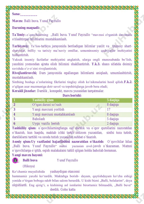 ni nazoratdan o`tkazish: o`quvchilar bilan „balli buva. yusuf fayzullo“ matni yuzasian avol-javob o`tkazaman. matnni o`quvchilarga o`qitib, oqish malakalaini tahlil qilgan holda baholab boraman. yangi mavzu bayoni: balli buva yusuf fayzullo (hikoya) ko‘chamiz muyulishida yashaydigan otaxonni hammamiz yaxshi ko‘rardik. maktabga borish- dayam, qaytishdayam ko‘cha eshigi yonida o‘tirgan boboga odob bilan salom berardik. u kishi bizni „balli, bolalarim“, deya olqishlardi. eng qizig‘i, u kishining asl ismlarini birortamiz bilmasdik, „balli buva“ derdik. goho katta yoshlilar „polvon ota“ deya murojaat qilishganini eshitib, hayron qolardim: jussasi kichkinagina bu odamning nimasi polvon ekan?keyinchalik, „balli buva“ haqida onam bir voqeani so‘zlab bergan edilar. u paytlar uyimizdan sal narida ekinzor da- lalar bo‘lgan ekan. urush vaqtida yosh-u qari ertadan kechgacha daladan chiqishmagan ekan. ikkinchi jahon urushi yillarida „balli buva“ning urushga ketgan ikkala o‘g‘illaridan ham birin- ketin „bedarak yo‘qoldi“, degan mudhish xabar kelibdi. o‘z yog‘iga qovrilib yotgan ota-onasini kuydirib, kenja o‘g‘il hamfrontga jo‘nabdi. undan ora-sira kelib turgan maktublar ota- …