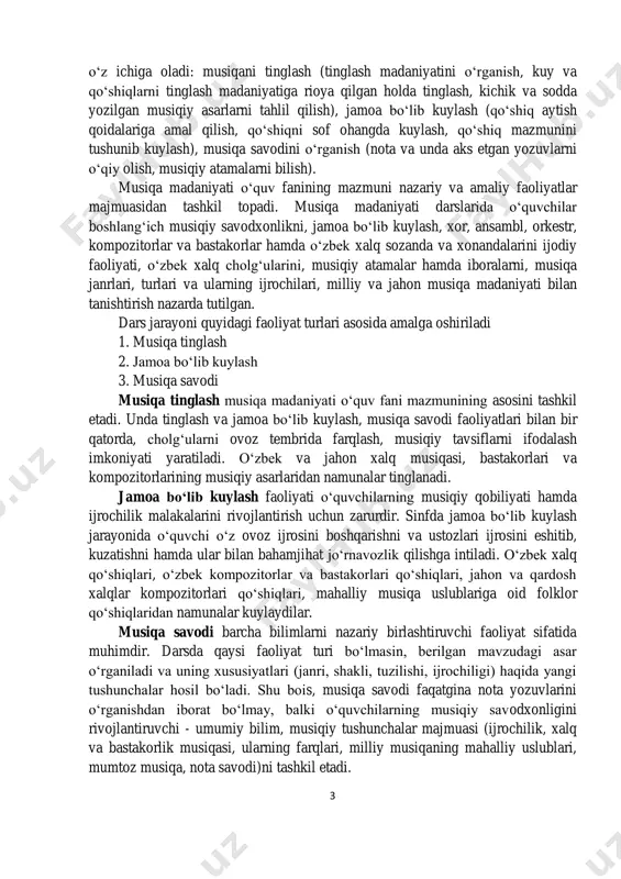 ri qo‘shiqlari, mahalliy musiqa uslublariga oid folklor qo‘shiqlaridan namunalar kuylaydilar. musiqa savodi barcha bilimlarni nazariy birlashtiruvchi faoliyat sifatida muhimdir. darsda qaysi faoliyat turi bo‘lmasin, berilgan mavzudagi asar o‘rganiladi va uning xususiyatlari (janri, shakli, tuzilishi, ijrochiligi) haqida yangi tushunchalar hosil bo‘ladi. shu bois, musiqa savodi faqatgina nota yozuvlarini o‘rganishdan iborat bo‘lmay, balki o‘quvchilarning musiqiy savodxonligini rivojlantiruvchi - umumiy bilim, musiqiy tushunchalar majmuasi (ijrochilik, xalq va bastakorlik musiqasi, ularning farqlari, milliy musiqaning mahalliy uslublari, mumtoz musiqa, nota savodi)ni tashkil etadi. 4 musiqa savodida musiqiy atamalar - templar (sur’at), intervallar, alteratsiya belgilari, dinamik belgilar, musiqaning ifoda vositalari, oddiy musiqa shakllari, janrlari, major va minor ladlari haqida o‘quvchilarga tushunchalar beriladi. musiqaning ifodaviy tili: kuy, ritm-usul, sur’at, o‘lchov, registr, dinamik belgilar bilan tanishish, major va minor ladlarini farqlay bilish, oddiy musiqa shakllari: bir qismli, ikki qismli va uch qismli musiqa shakllari, kupletli, rondo, sonata, syuitalarni; musiqiy janrlar - ashula, raqs, vals, marsh kabi janrlarini farqlay …