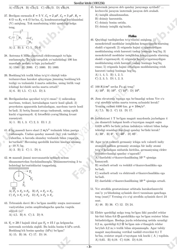 temperaturada 10 ω ga teng. qanday temperaturada (℃) uning qarshiligi 20 ω bo‘ladi? qarshilik qiymati absolyut temperaturaga to‘g‘ri proporsional va r(0)=0. a) 327. b) 149. c) 141. d) 18,4. 54. massasi 𝑚1 = 100 g bo‘lgan sharcha 𝜐1 = 8 m/s tezlik bilan 𝑚2 = 1 kg massali tinch turgan sharchaga kelib urildi. buning natijasida 𝑚1 massali sharcha o‘zining dastlabki harakat yo‘nalishiga nisbatan perpendikular yo‘nalishda 𝑢1 = 6 m/s tezlik bilan harakat qila boshladi. ikkinchi sharcha necha m/s tezlik olgan? a) 0,3. b) 0,7. c) 1,5. d) 1. 55. 100 g massali sharcha rasmda ko‘rsatilganidek kronshteynga osilgan. agar 𝛼 = 60∘, 𝐴𝐶 = 𝐵𝐶 bo‘lsa, 𝐴𝐶 va 𝐵𝐶 sterjenlarning zo‘riqish kuchlarini toping (n). g=10 n/kg. a) 0,5; 1. b) 2; 1. c) 1; 1. d) 4; 2. 56. elektr choynakda suv 10 min da 0∘𝐶 dan qaynaguncha isiydi. shundan keyin necha minut vaqt o‘tgach, choynakdagi hamma suv bug‘lanib ketadi? c=4,2 …