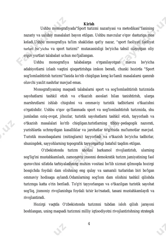 ini oshirish. ushbu yo'nalishda mamlakat yalpi ichki mahsulotidagi turizm ulushini 5 foizga oshirish maqsadi qo'yildi. hozirgi vaqtda o'zbekiston respublikasida sport-sog'lomlashtirish turizmi tizimlari shaharlar va viloyat markazlarining turistik klublari, jismoniy tarbiya jamoalarining turistik seksiyalari, respublika va viloyat sport turizmi federatsiyalari o'z faoliyatini to'xtatdi. bolalar va o'smirlar turizmi katta qiyinchiliklarga duch kelmoqda.turistik tashkilotchilar, dam olish kunlari yurish rahbarlari, toifali marshrutlar, turizm instruktorlarining keskin tanqisligi aniqlandi.turistik aktivlarni tayyorlash bo'yicha o'quv-mashg'ulot yig'inlari, sayyohlik texnikasi bo'yicha musobaqalar, sport mahoratini oshirish maqsadida o'tkaziladigan uzoq safarlar tarixga kirdi. 6 hozirgi vaqtda turizm masalalari ko'rib chiqiladigan turli darajadagi yig'ilishlarda, xorijiy mamlakatlar va kompaniyalar vakillari bilan suhbatlarda har doim o'zbekiston tabiatining go'zalligi, mamlakatimiz sport va ekstremal yurishlarni o'tkazish, ekologik turizmni rivojlantirish uchun qanday ajoyib yo'nalishlarga ega ekanligi haqida so'z yuritiladi va bu haqiqatan ham shunday. turizmning turli turlari va murakkablik toifalari bo'yicha yo'nalishlarning mavjudligi ommaviy turizm, razryadchilar, instruktorlar, turizm tashkilotchilari va bo'lajak mutaxassislarni tayyorlash uchun qulay shart-sharoitlar yaratmoqda, ular …