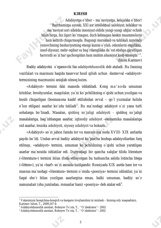 qanday ish ko`rish, chet ellarda mamlakat vakili bo`lish uchun nimalarni bilish kerakligi kabi masalalarga oid maxsus boblar ham bor. shu bilan birga, o`rta asrlarda hozirgi ma`noda sof badiiy asar deb atalishi lozim bo`lgan asarlar ham (masalan, firdavsiyning «shohnoma»si, navoiyning «xamsa»si) ko`p uchraydi. ba`zi buyuk badiiy asarlarda esa (masalan, navoiyning «xamsa»sida) badiiy, axloqiy va ilmiy mavzular sirasi yoritiladi, ya`ni adabiyotning vazifalarini badiiy adabiyot, ilmiy adabiyot, axloqiy adabiyot vazifalariga bo`lib, alohida asarlarda yoritilmaydi. «xamsa»da so`z (ya`ni badiiy adabiyot) ning xususiyatlari hamda vazifalari haqidagi va makedoniyalik iskandarning tarjimayi holiga oid ilmiy ma`lumotlarni ham, tabiatning turli hodisalari haqidagi izohlarni va movarounnahrning geografiyasini ham, shu bilan birga, hayot haqidagi to`la badiiy dostonlarni ham uchratamiz. o`rta asrlar adabiyotining ana shu xususiyati sharofati bilan «qobusnoma», «qutadg`u bilig» va «xamsa» kabi asarlar o`z zamonasining qomusi bo`lib qoldilar. usha davr olimlari ham o`rta asrlarning bu keng ma`nodagi adabiyotini butunisicha olib tekshirganlar. masalan, xv va xvi asr olimlari - davlatshoh …